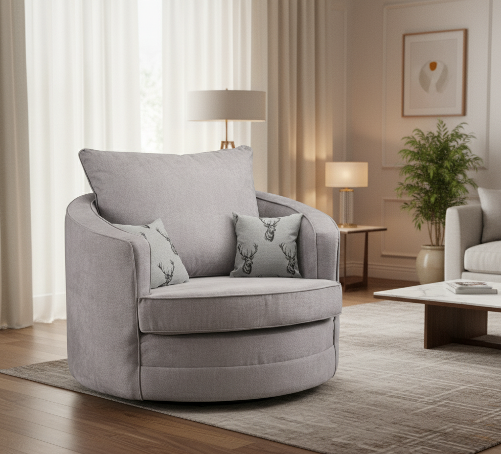 Jude Scatterback Sofa Grey Swivel Chair