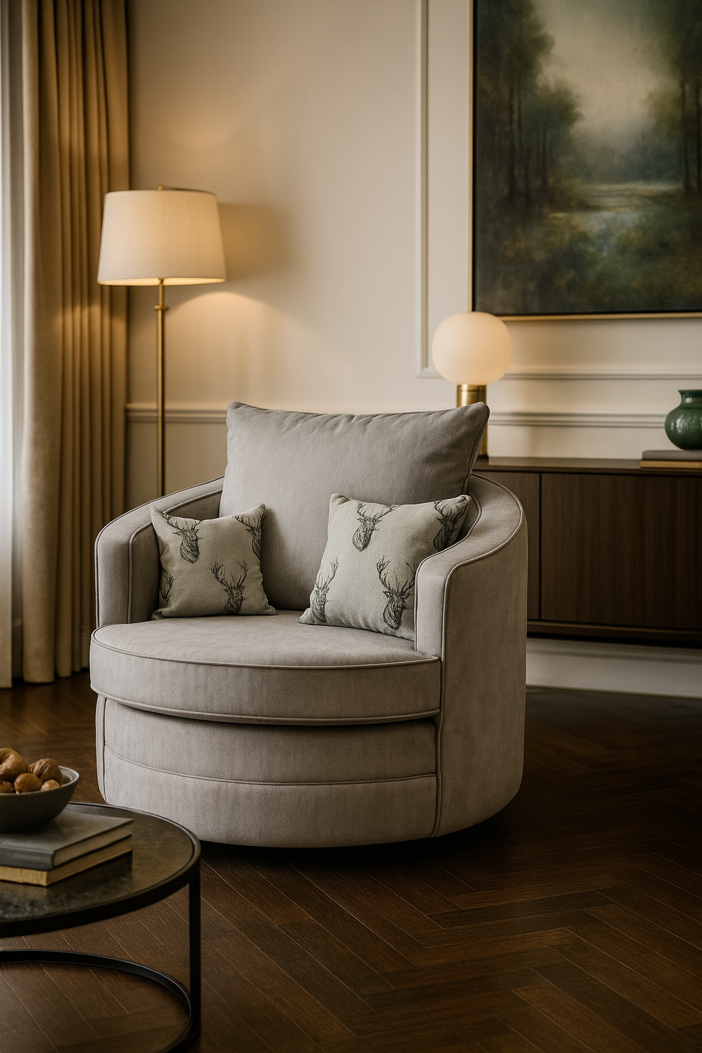 Jude Scatterback Sofa Grey Swivel Chair