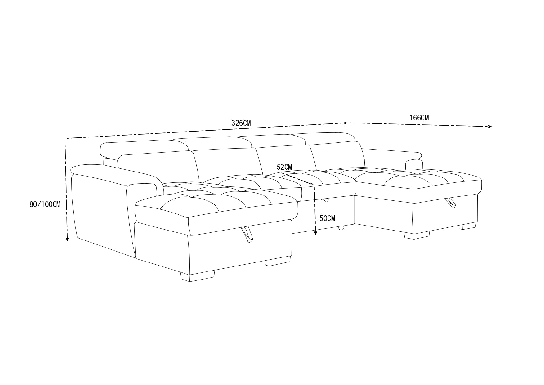 Luna U Shape Corner Sofabed-measurement view