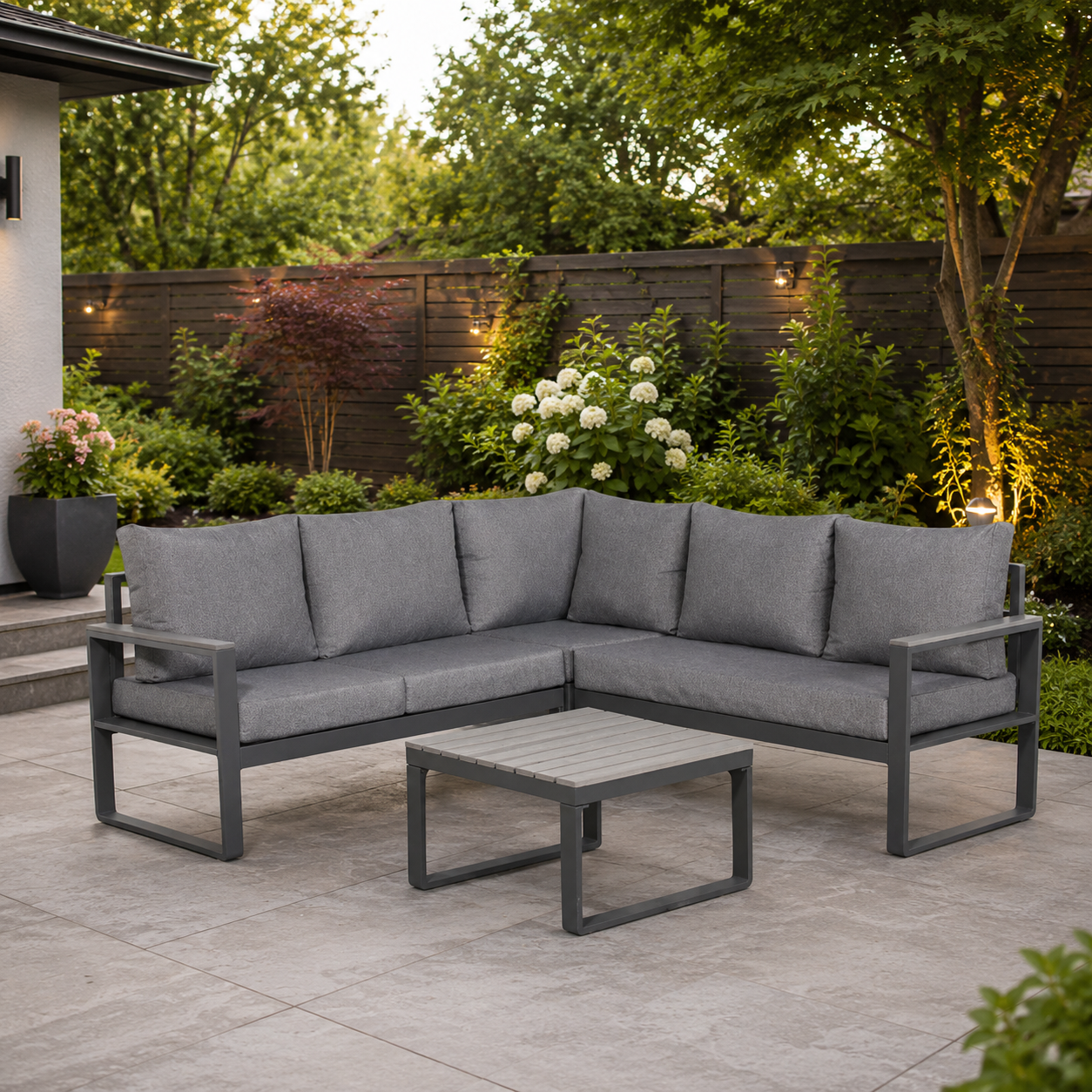 Luxe Square Corner Set Charcoal Aluminium Frame With Grey Cushions - AMC Furniture