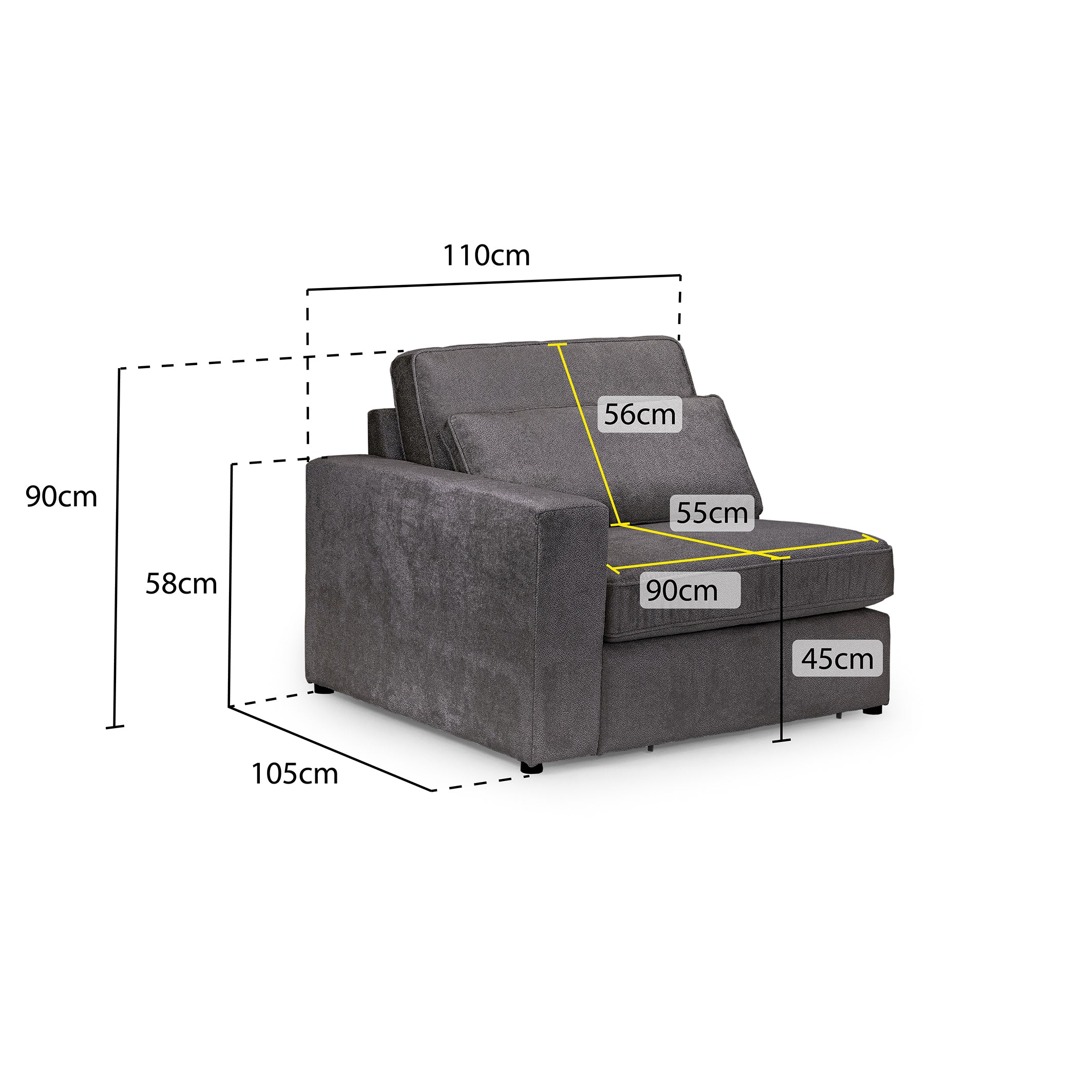 Modena Modular Grey Sofa – Left Hand Arm Piece – measurement view (7024757375040)