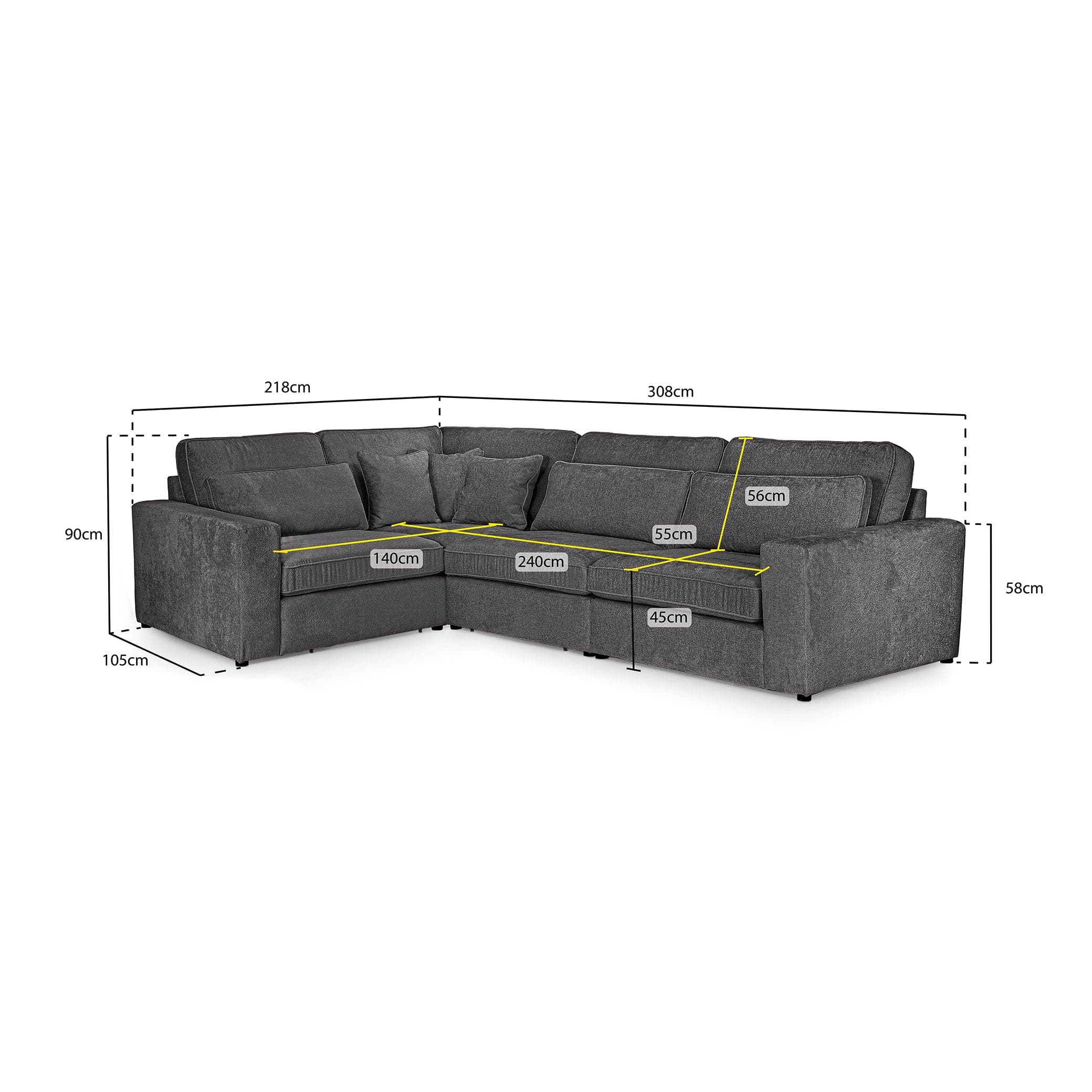 Modena Modular Grey Sofa – Left Hand Facing Corner – measurement view (7024786833472)