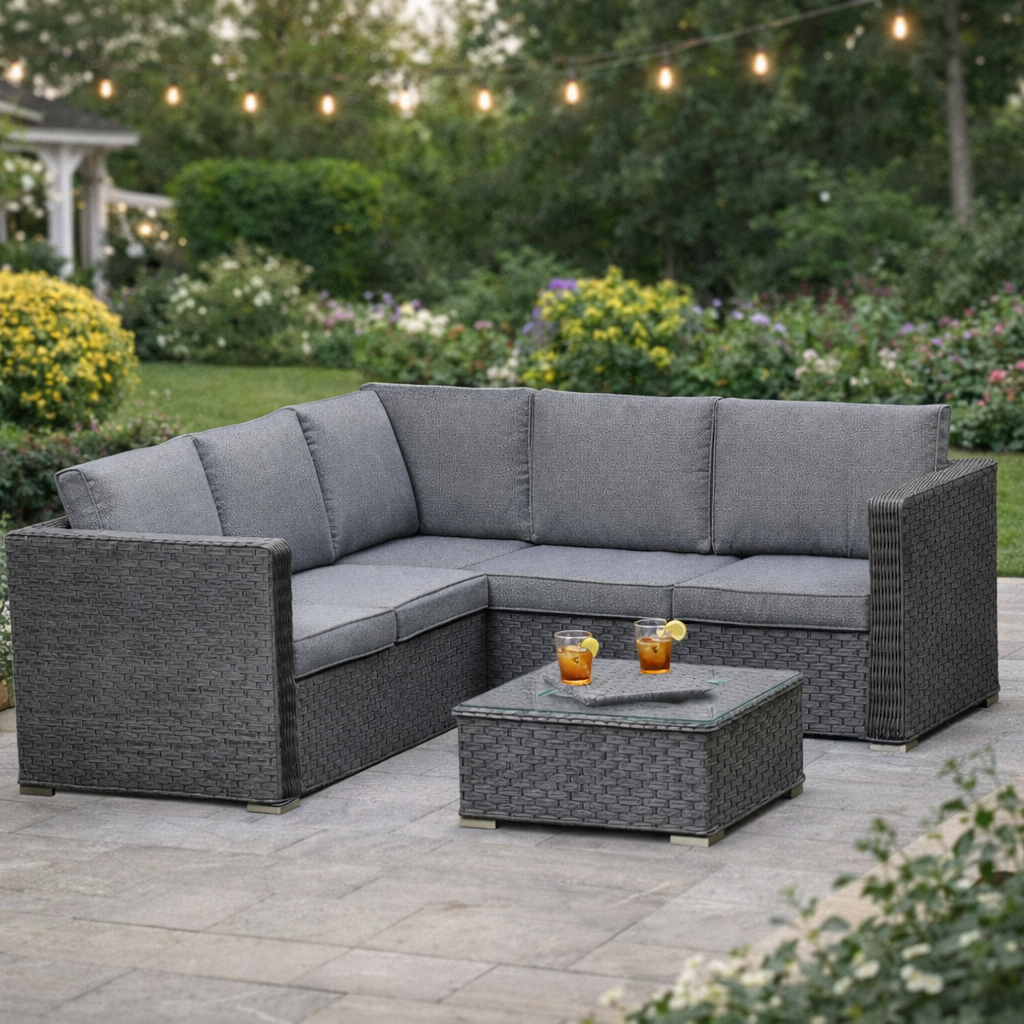 Nova Rattan Corner Sofa Set with Ice Bucket Grey