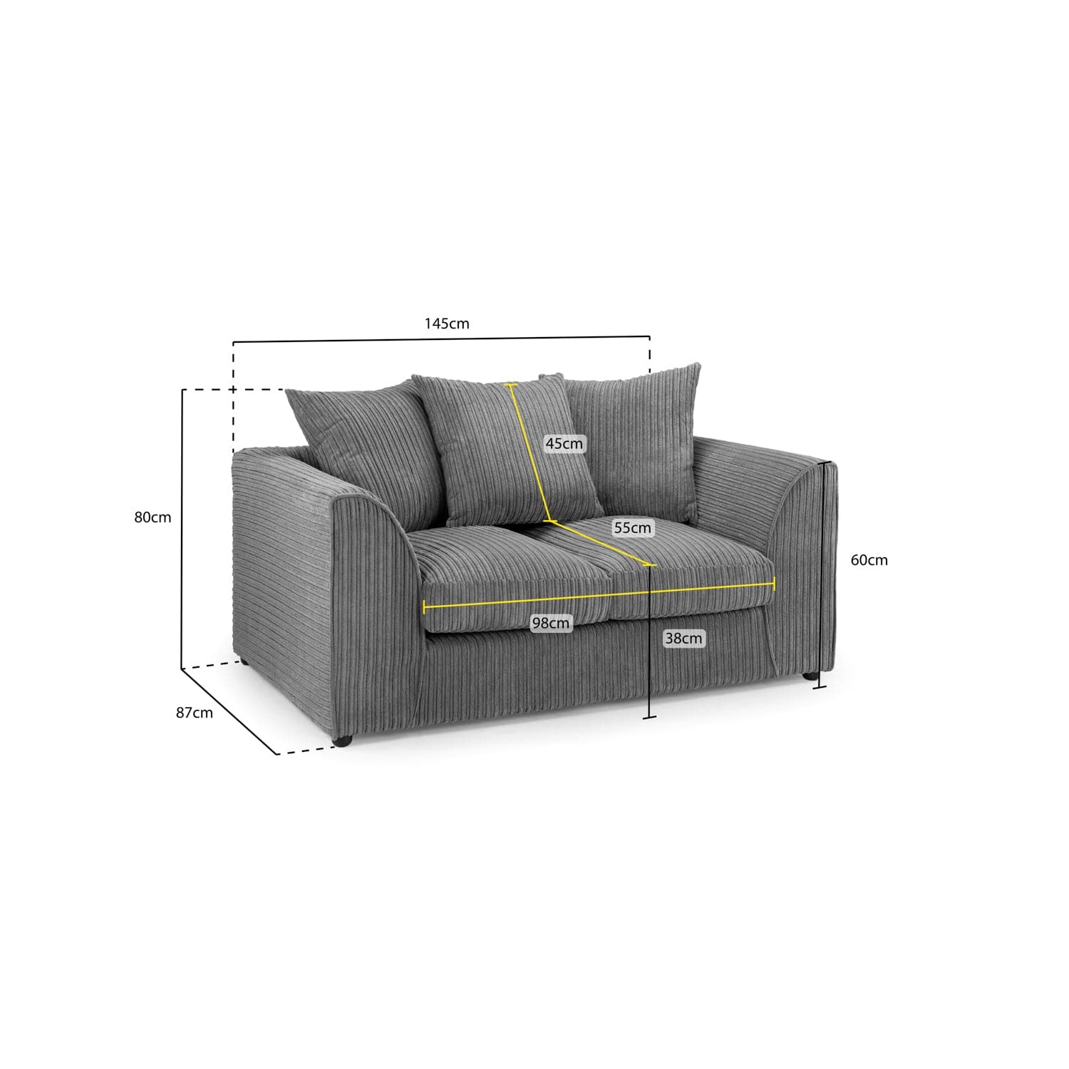 Oxford 2 Seater Sofa in Grey Jumbo Cord - Measurement View (7023667413056)
