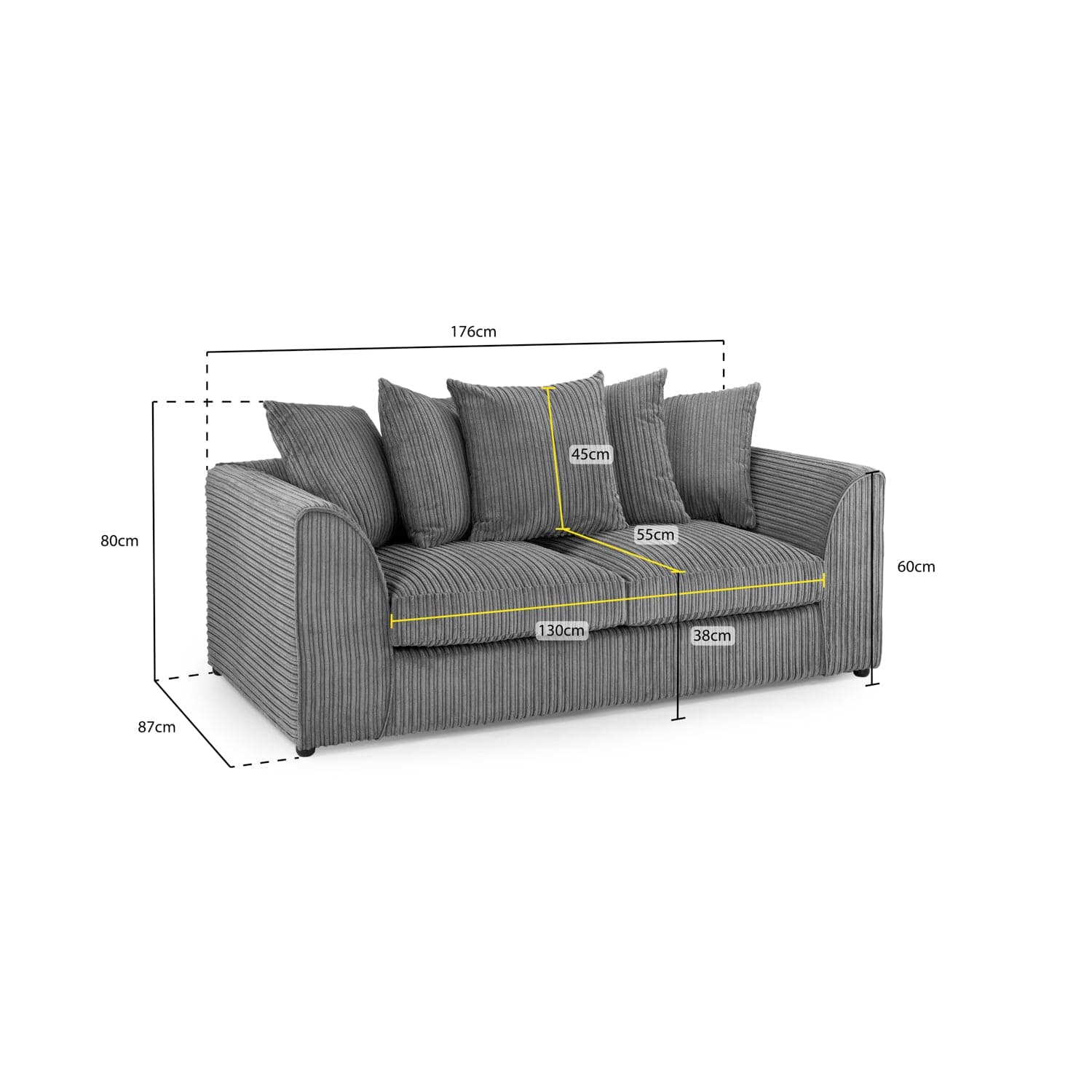Oxford 3 Seater Sofa in Grey Jumbo Cord - Measurement View (7023663382592)
