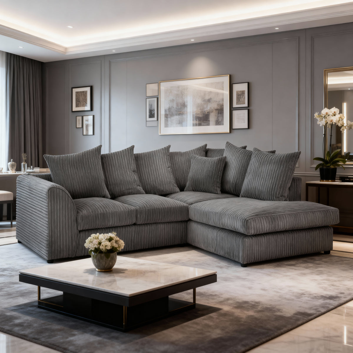 Oxford Grey Jumbo Cord Corner Sofa | Right Hand Facing