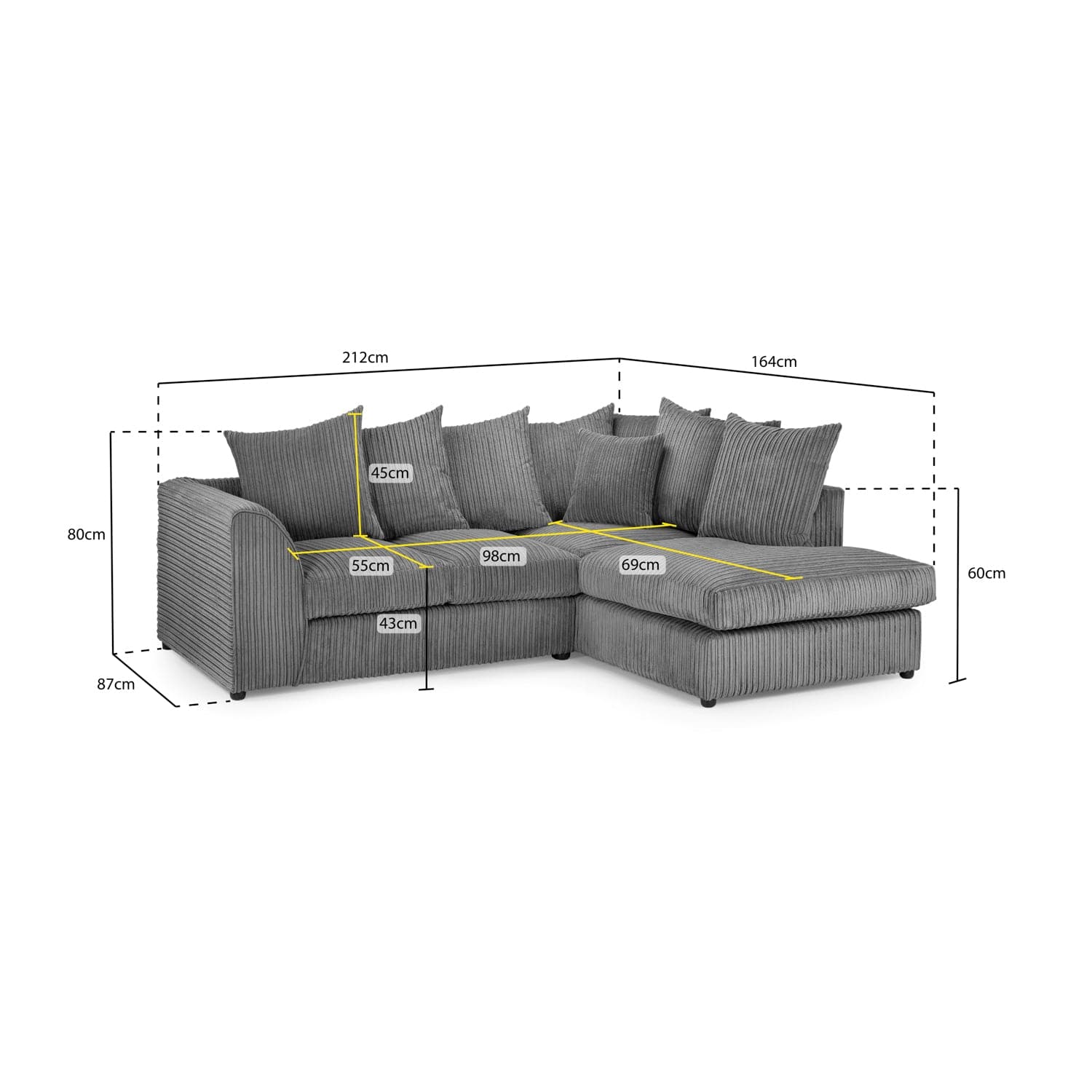 Oxford Right Hand Facing Corner Sofa in Grey Jumbo Cord - Measurement View (7023658434624)