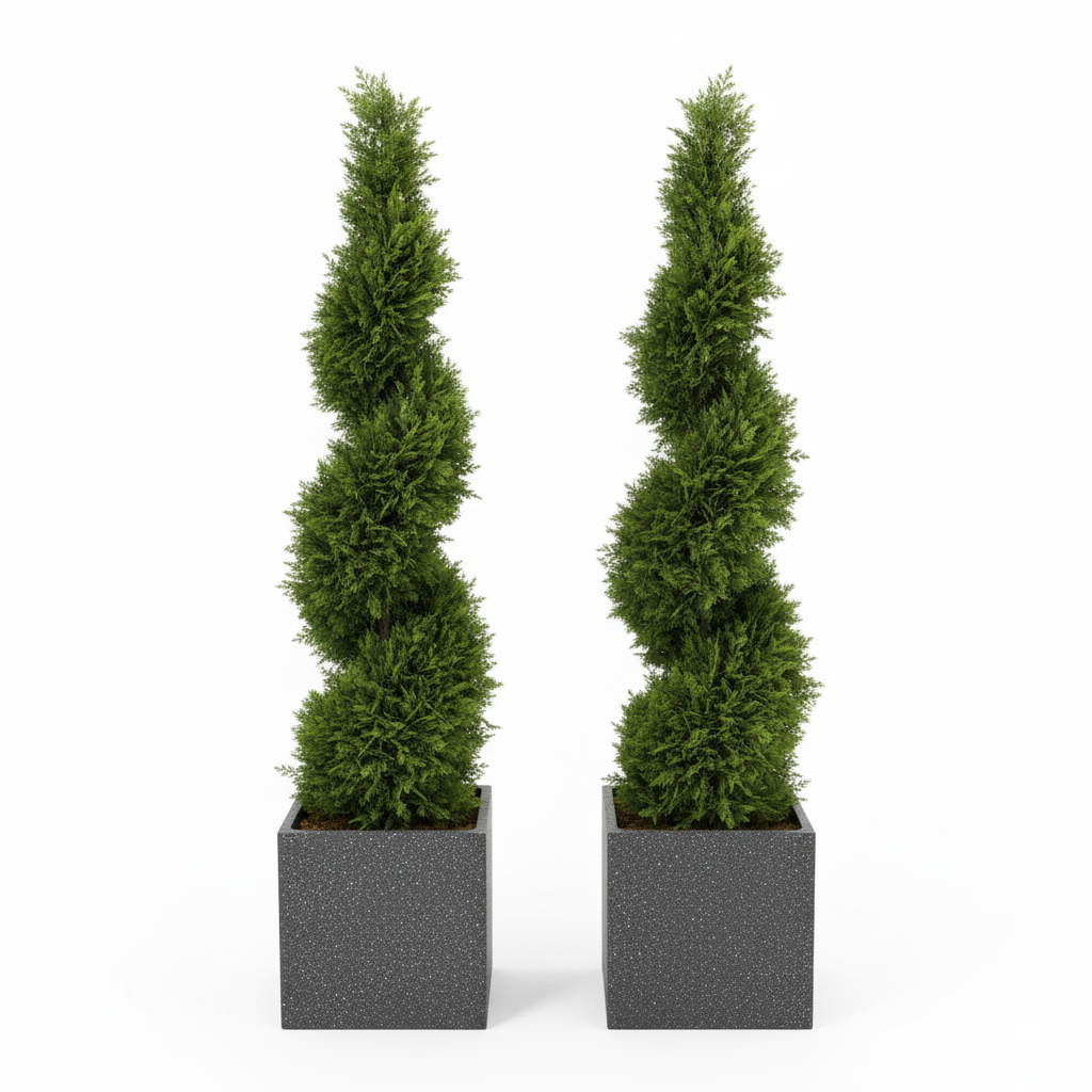 Pair of Artificial Spiral Topiary Trees – UV Resistant, Weatherproof Outdoor & Indoor Decor 