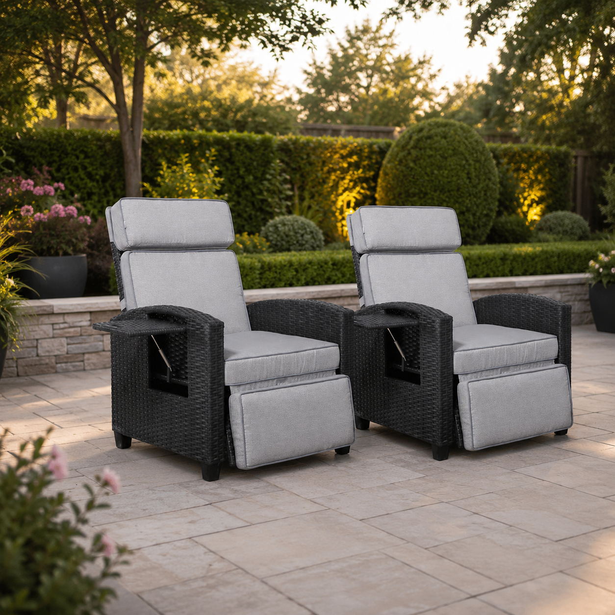 Pair of Catalina Reclining Armchairs with Flip Table in Black - AMC Furniture