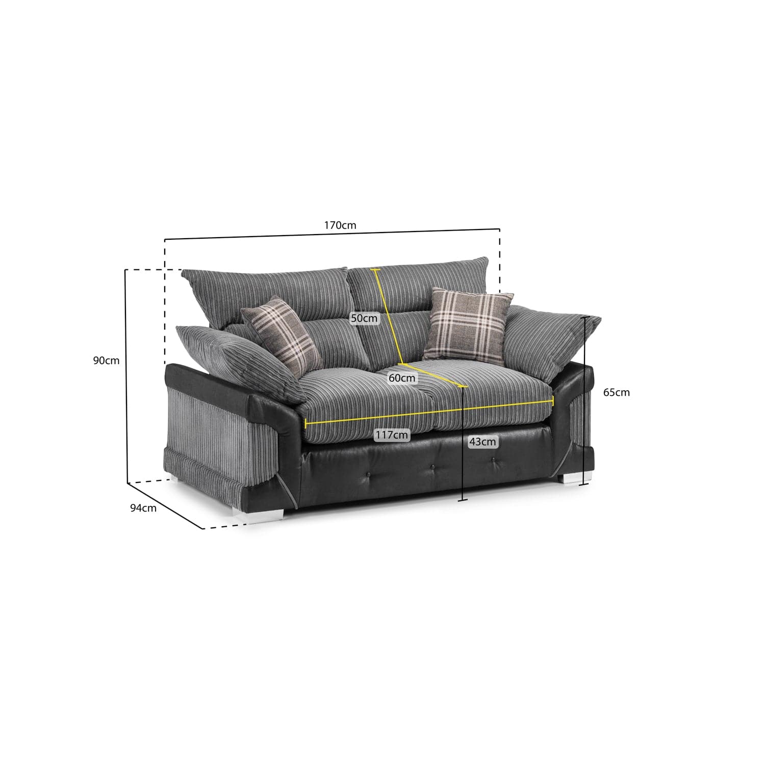 Soho Black/Grey 2 Seater Sofa - Measurement view (7024172990528)