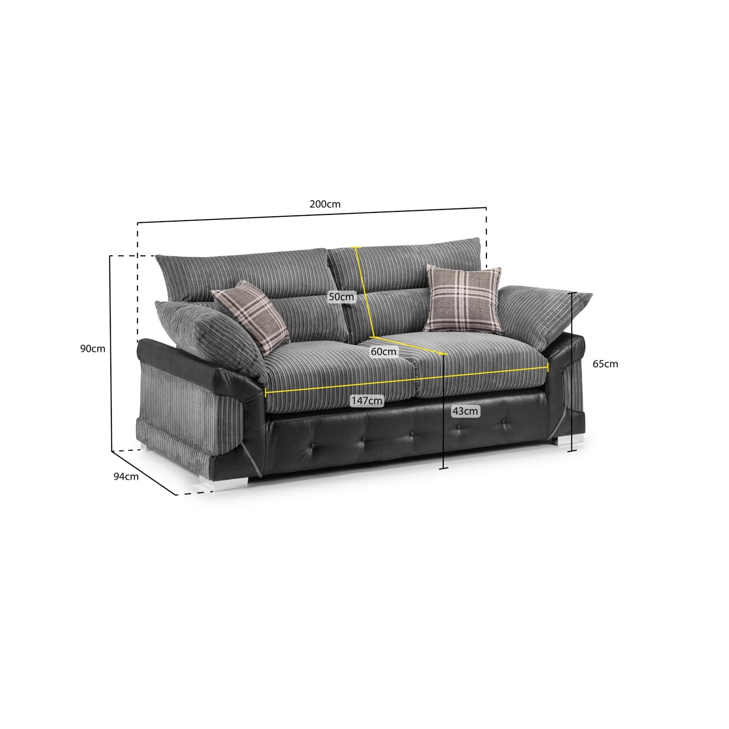 Soho Black/Grey 3 Seater Sofa - Measurement view (7024172662848)