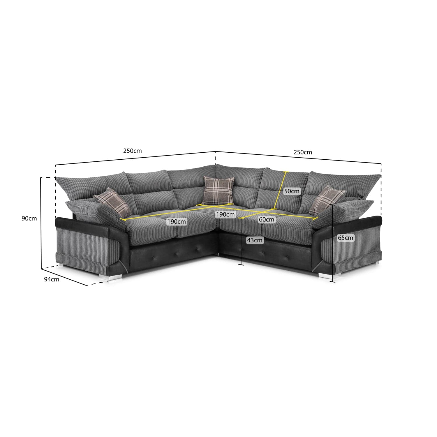 Soho Black/Grey Large Corner Sofa - Measurement view (7024172236864)