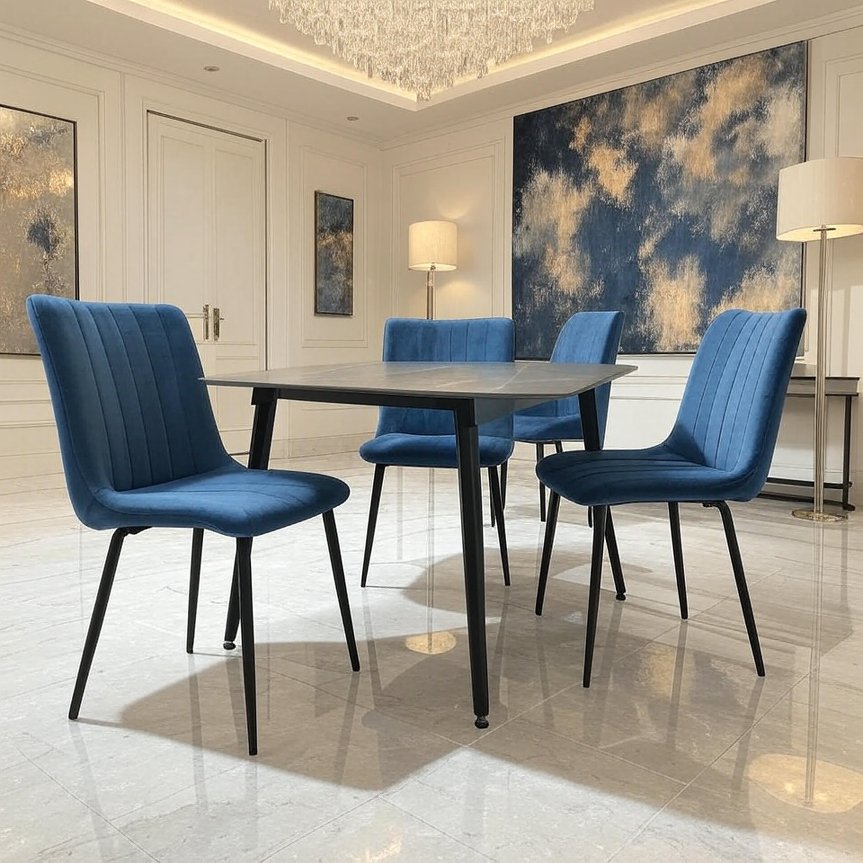 Stockholm Grey Dining Table with 4 Blue Loft Dining Chairs