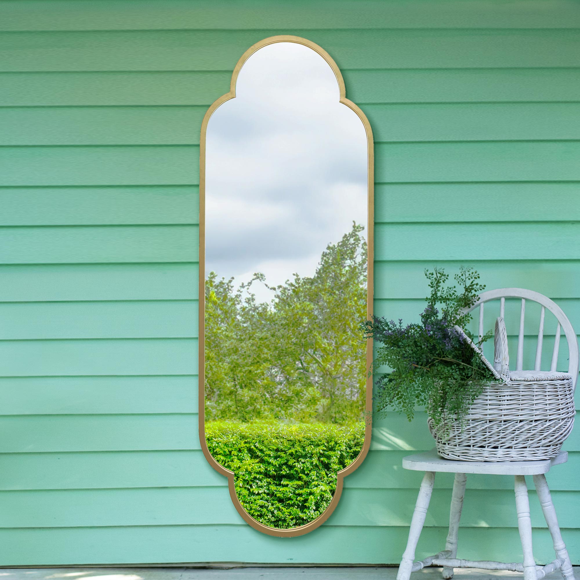 The Duplici - New Gold Metal Framed Double Arched Oval Garden Wall Mirror 67" X 23" (170CM X 59M) (15010557034874)