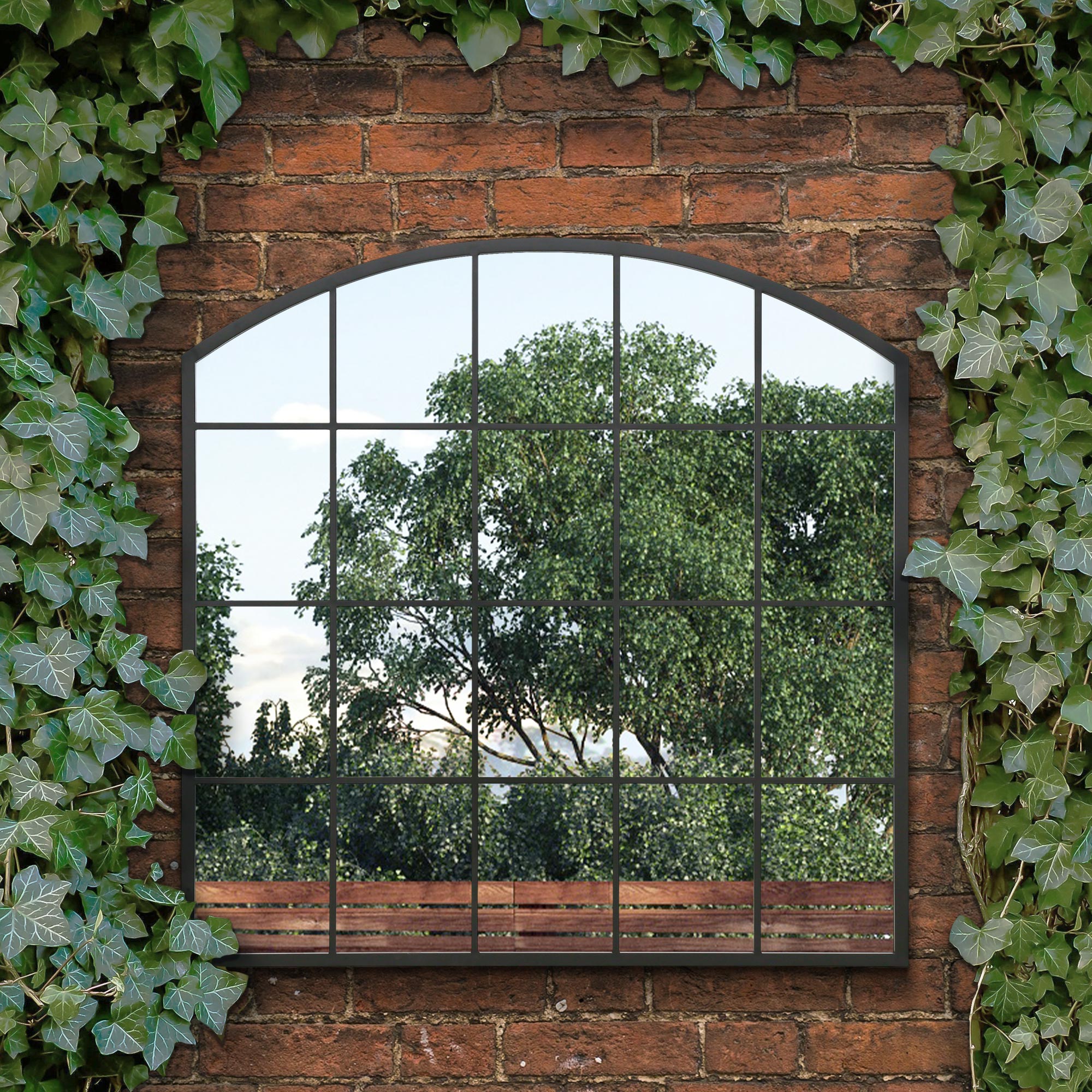 The Perry - Black Framed Arched Window Garden Mirror 39"x39" 100x100CM. Suitable for Outside and Inside! (15010554446202)