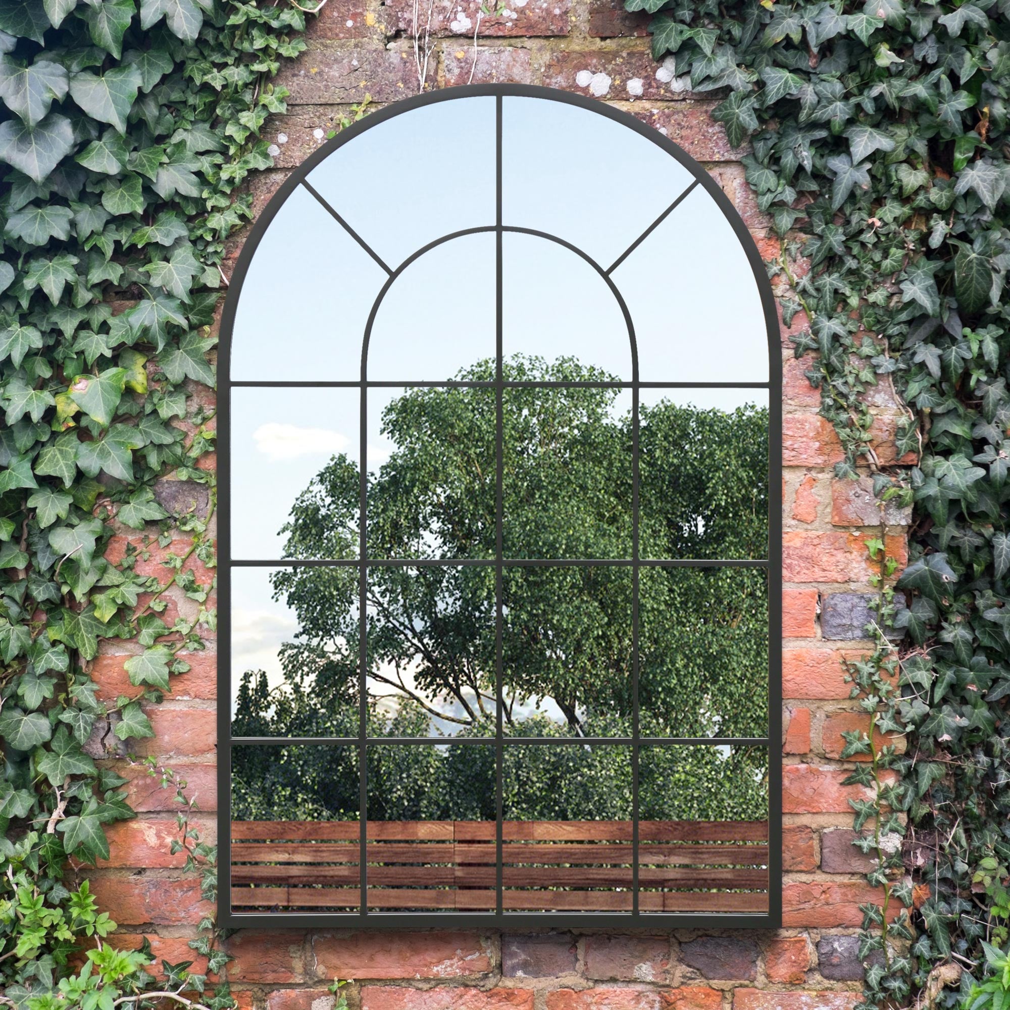 The Perry - Black Framed Arched Window Garden Mirror 47"x31" 120x80CM. Suitable for Outside and Inside! (15010554282362)