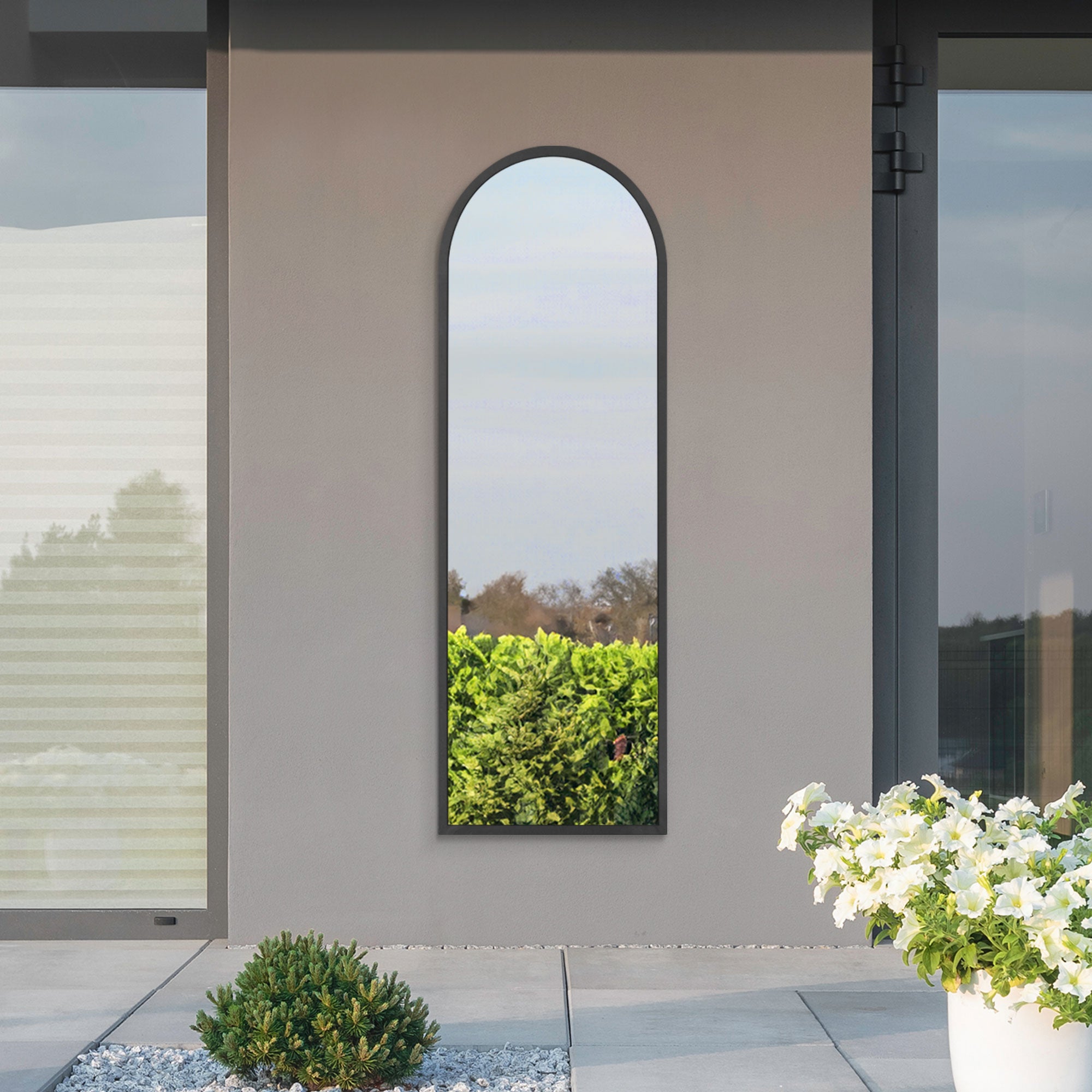 The Perry - Black Metal Framed Arched Garden Wall Mirror 63" X 21" (160CM X 53CM) (15010546581882)