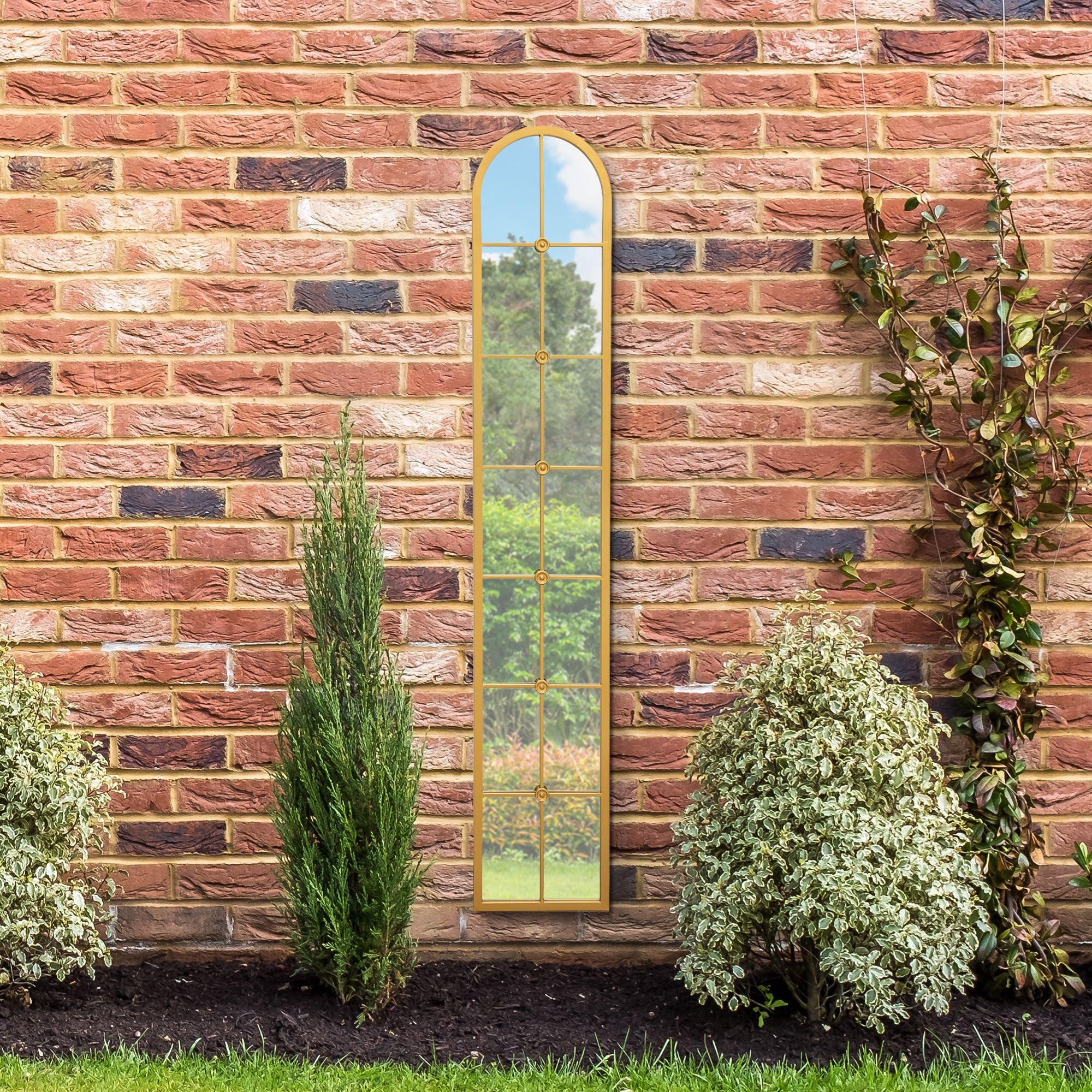The Perry - Gold Framed Arched Leaner Garden Wall Mirror 67" X 12" (170CM X 30CM) (15010549334394)