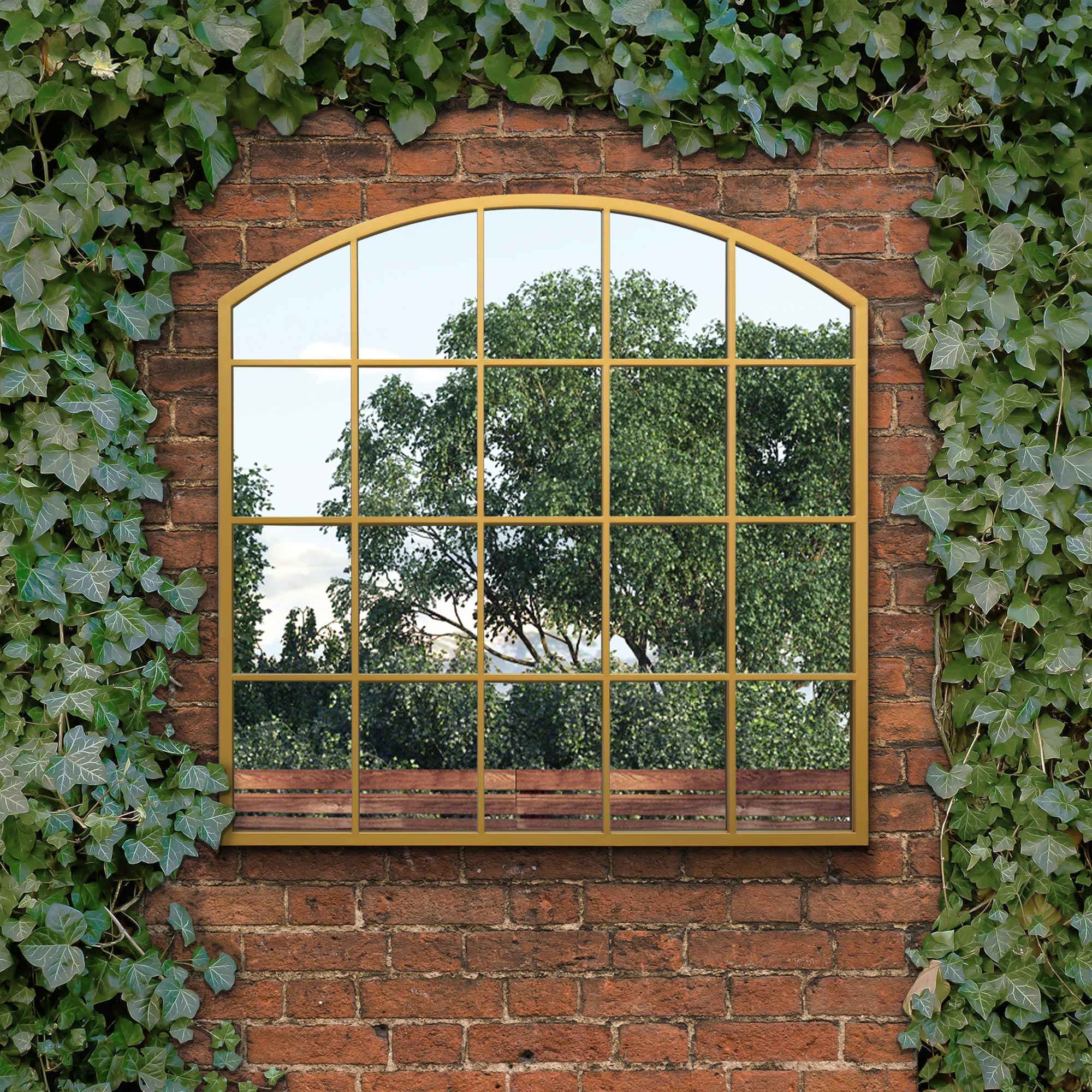 The Perry - Gold Framed Arched Window Garden Mirror 39"x39" 100x100CM. Suitable for Outside and Inside! (15010554544506)
