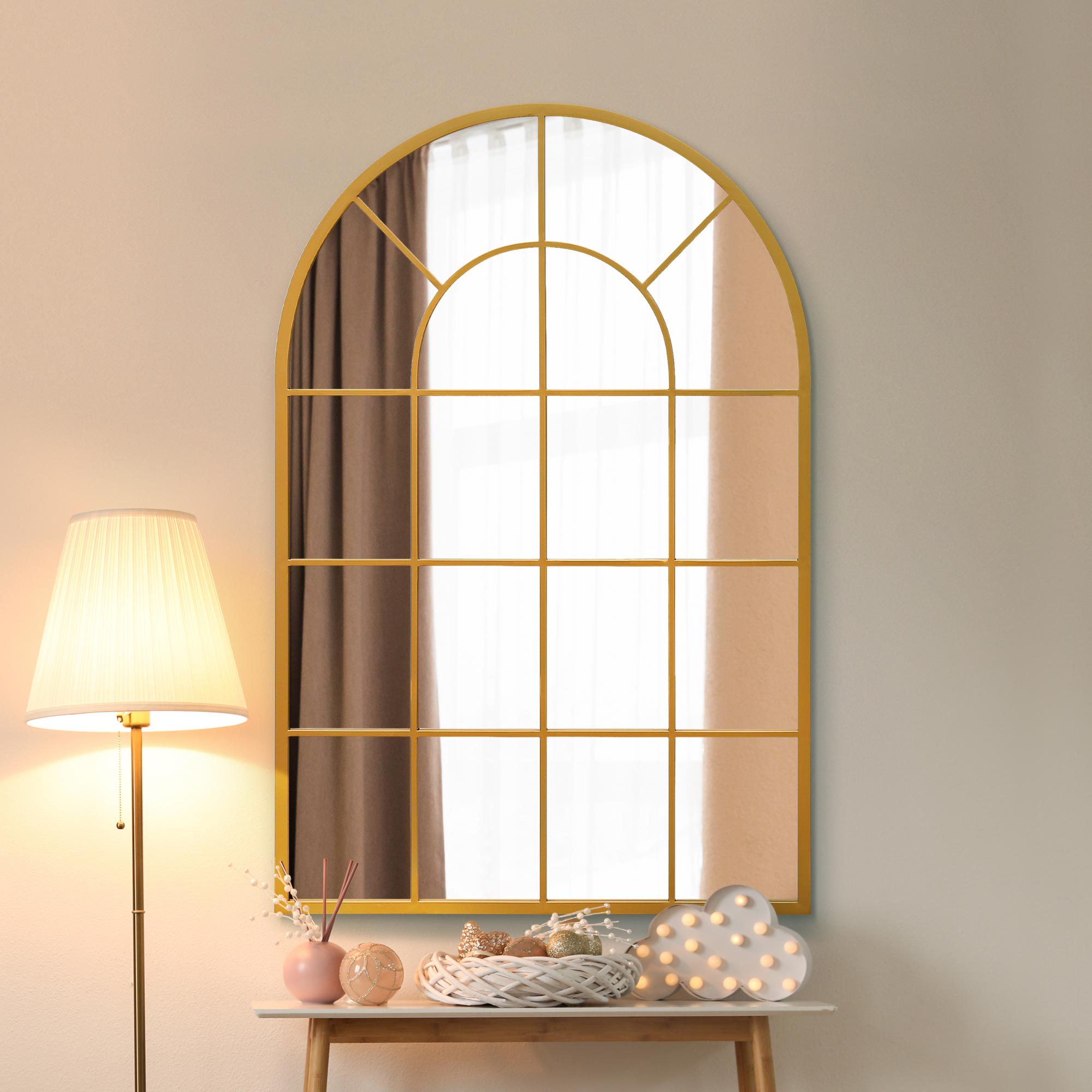 The Perry - Gold Framed Arched Window Leaner/Wall Mirror 47" X 31" (120x80CM) Suitable for Inside and Outside! (15010554380666)