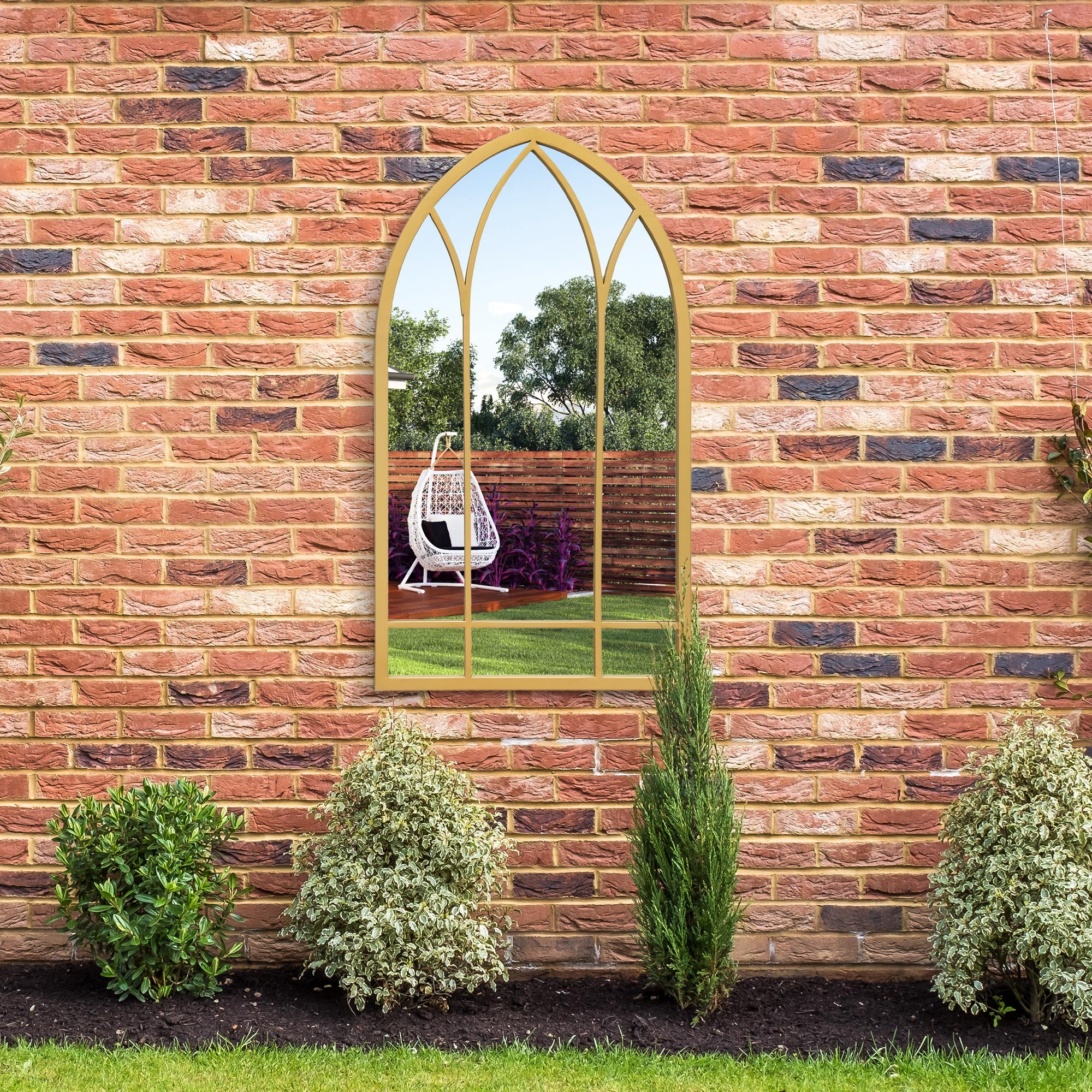 The Perry - Gold Metal Framed Arched Garden Wall Mirror 32" X 19" (83CM X 48CM) (15010547007866)