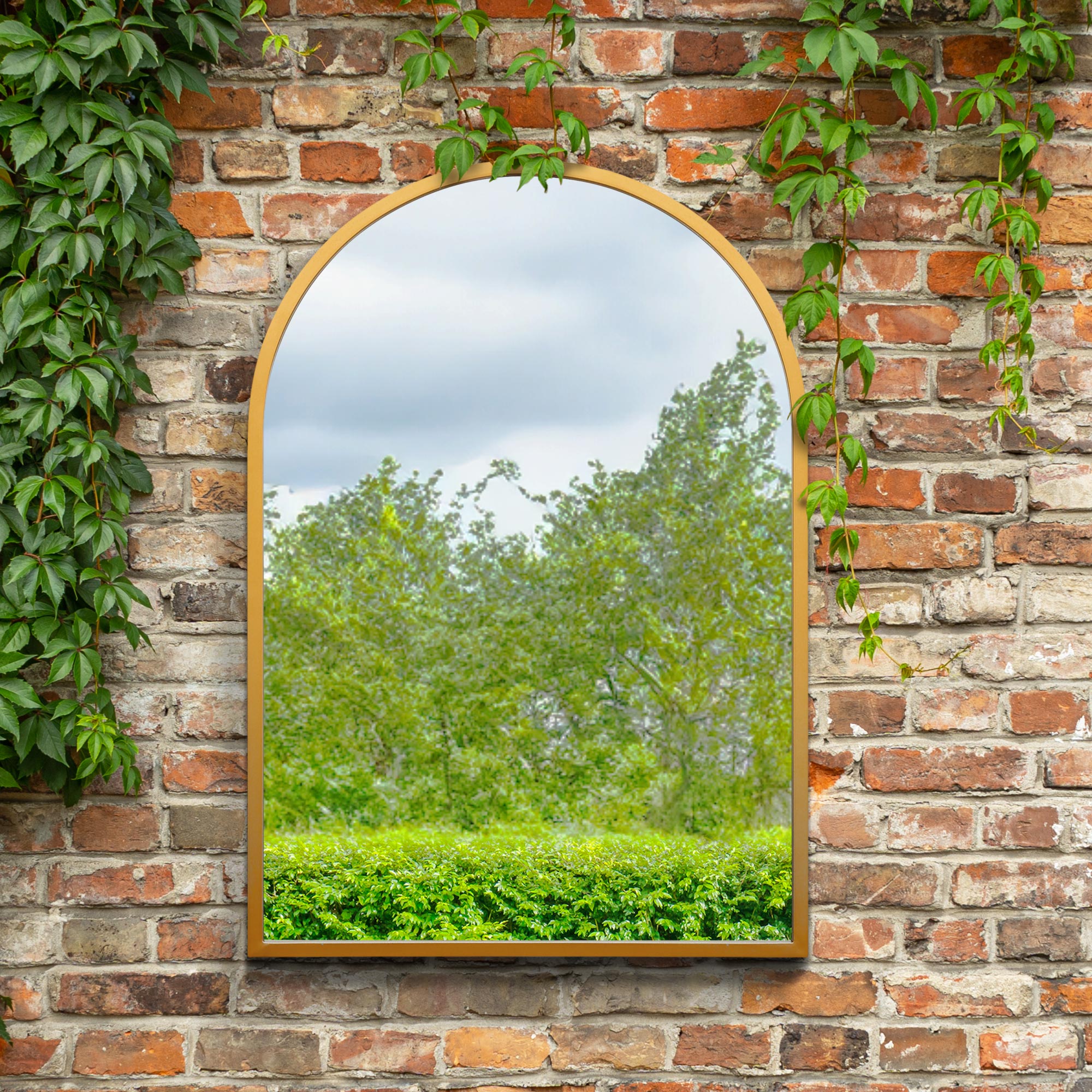 The Perry - Gold Metal Framed Arched Garden Wall Mirror 39" X 27" (100CM X 70CM). Suitable for Outside and Inside! (15010554184058)
