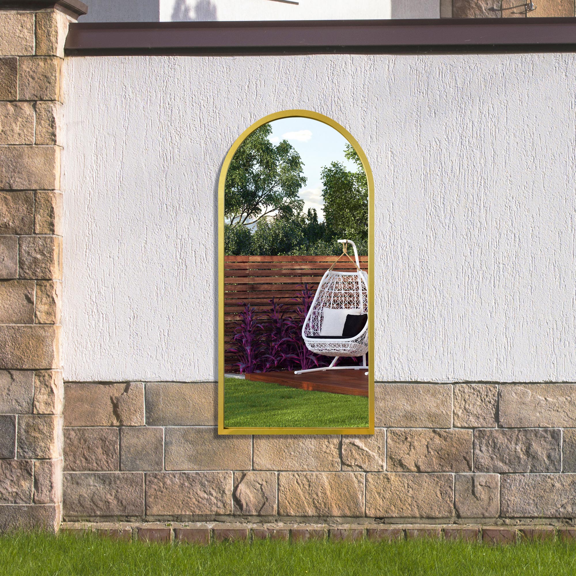 The Perry - Gold Metal Framed Arched Garden Wall Mirror 47" X 23.5" (120CM X 60CM) (15010544976250)
