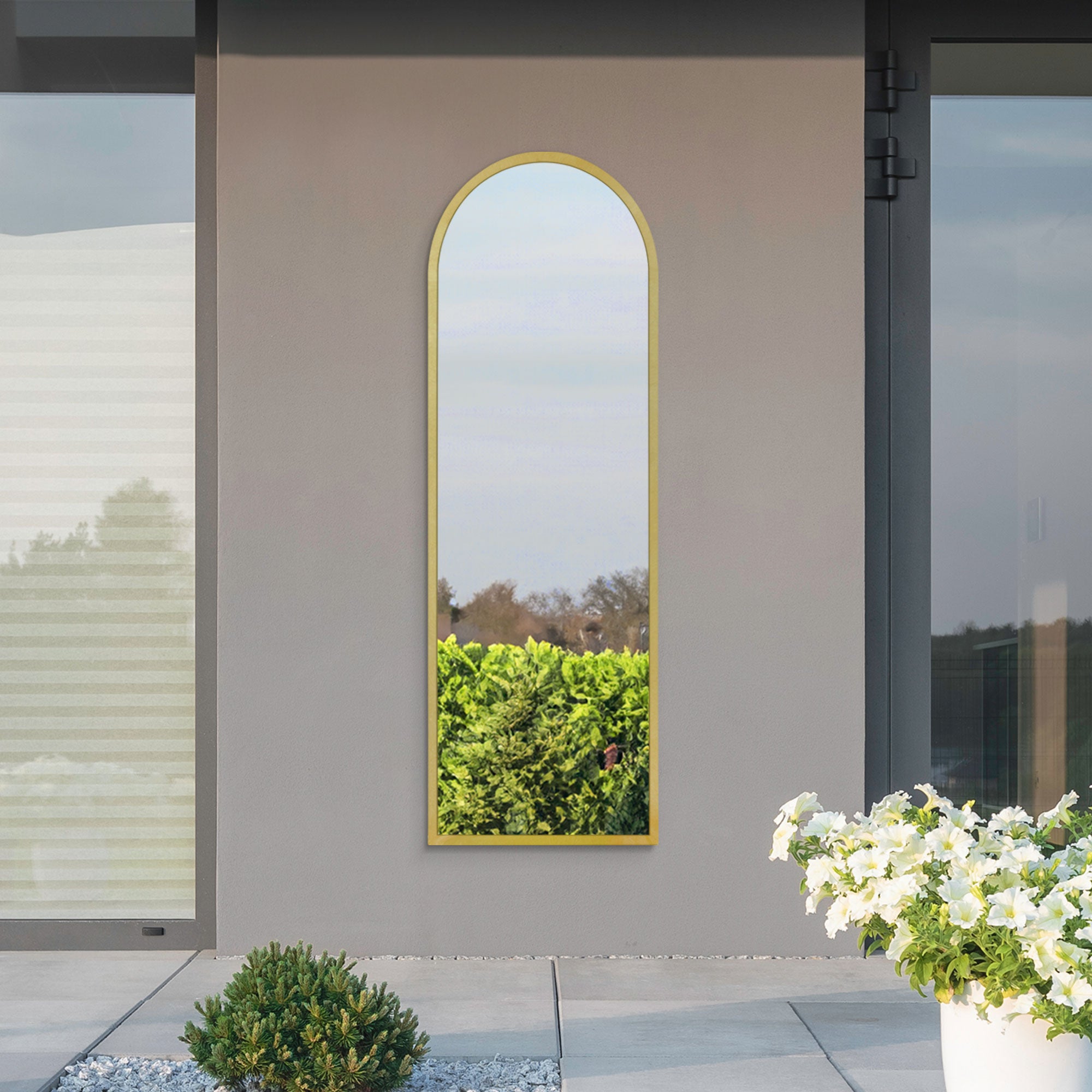 The Perry - Gold Metal Framed Arched Garden Wall Mirror 63" X 21" (160CM X 53CM) (15010546647418)