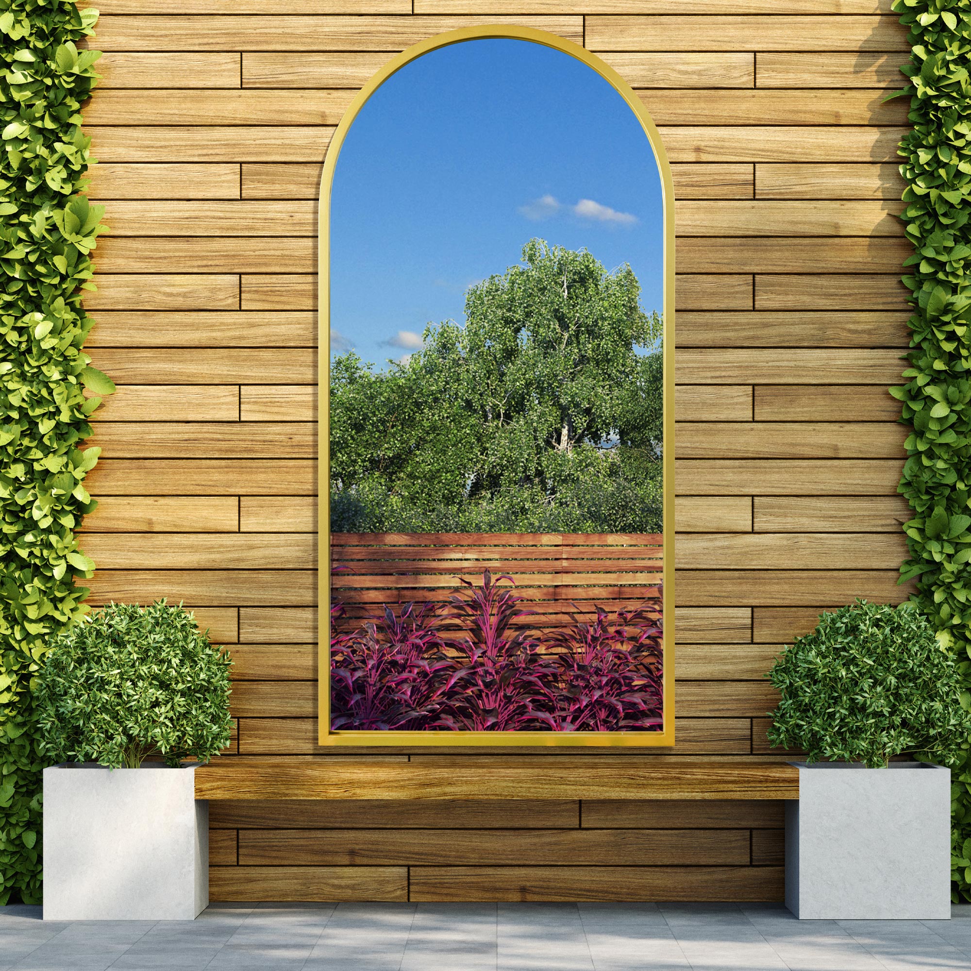 The Perry - Gold Metal Framed Arched Leaner/Wall Garden Mirror 55" X 27.5" (140CM X 70CM) (15010545140090)