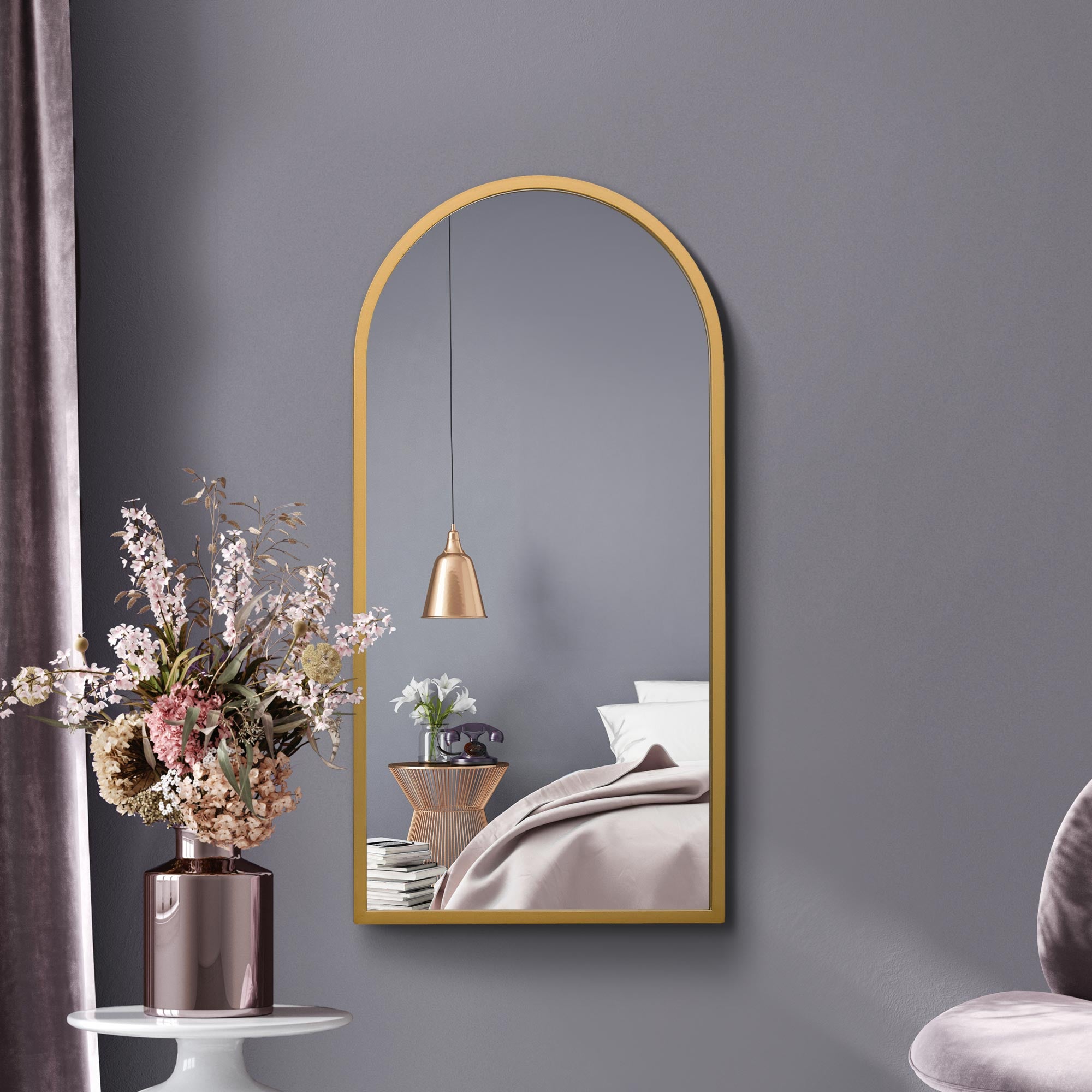 The Perry - Gold Metal Framed Arched Wall Mirror 31" X 16" (80CM X 40CM). Suitable for Inside and Outside. (15010554085754)