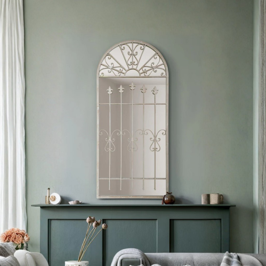 The Rosie - Extra Large Rustic Framed Arched Gothic Window Style Leaner Wall Mirror 55" X 26" (140CM X 65CM) Stone Colour (15010543763834)