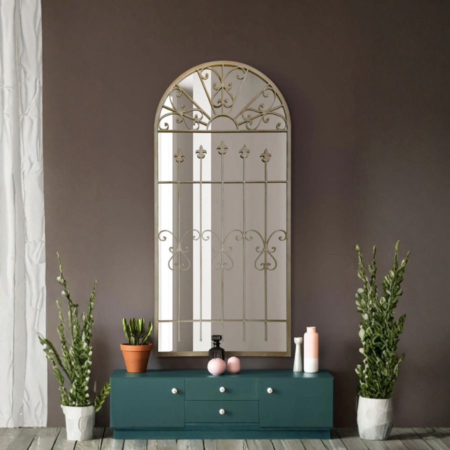 The Rosie - Extra Large Rustic Framed Arched Gothic Window Style Leaner Wall Mirror 63" X 30" (160CM X 75CM) Stone Colour (15010543862138)