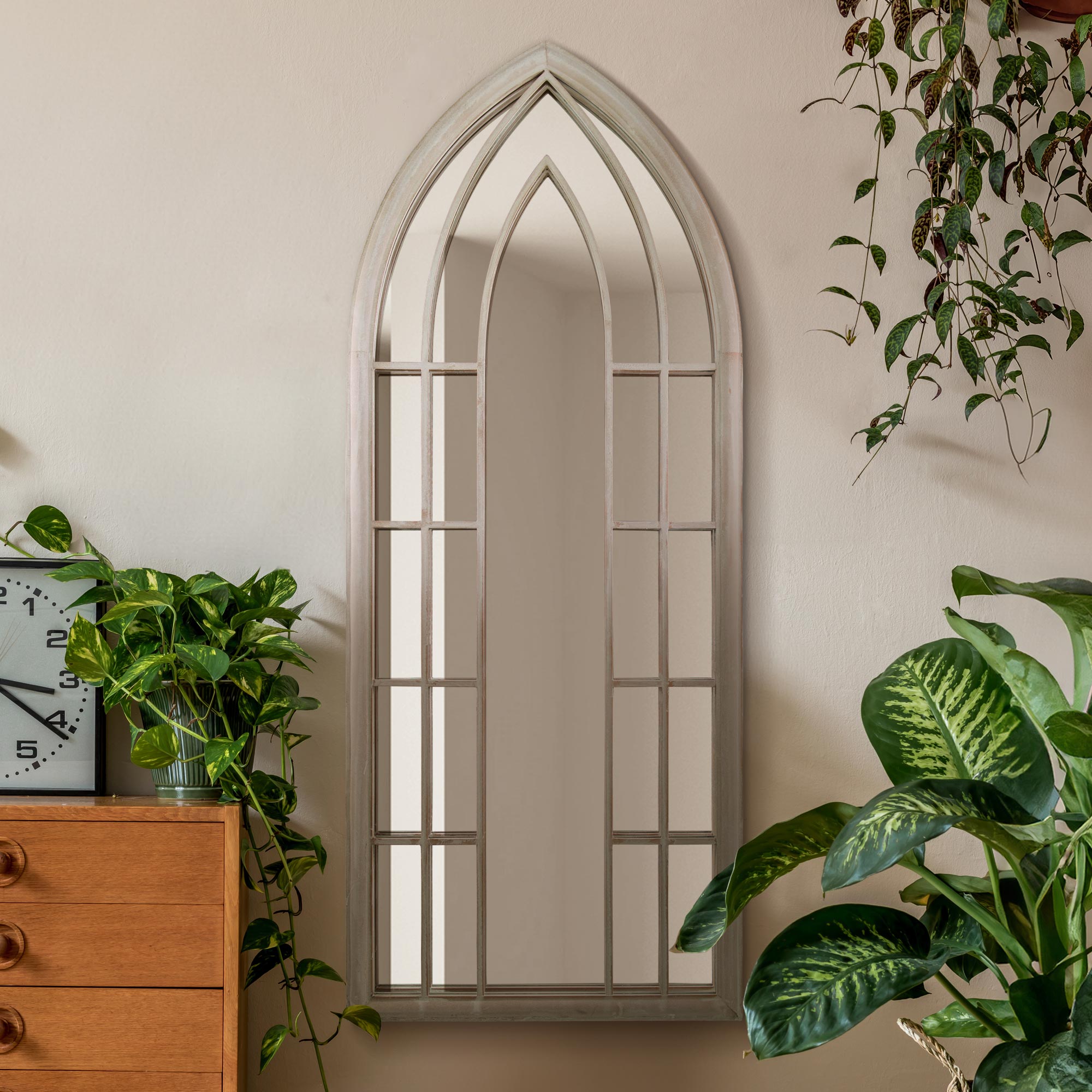 The Rosie - Rustic Framed Arched Gothic Window Style Leaner Wall Mirror 59" X 24" (149CM X 61CM) Stone Colour (15010543206778)