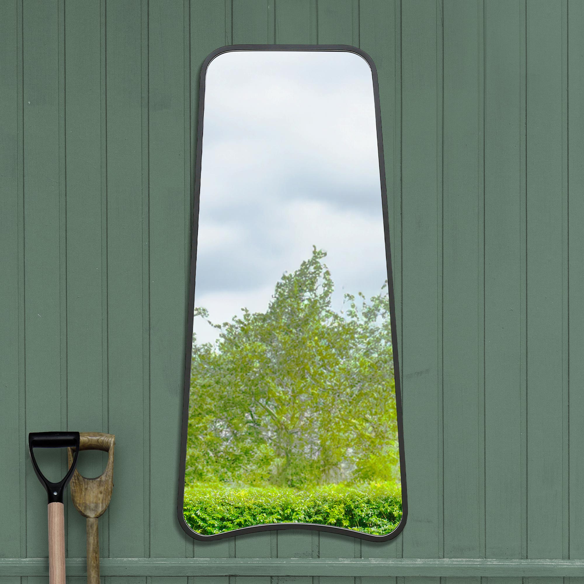 The Coartans - New Black Metal Isoscelles Trapezoid Shape Framed Garden Wall Mirror with arched bottom. 48" X 23" (122CM X 58CM). (15010557526394)