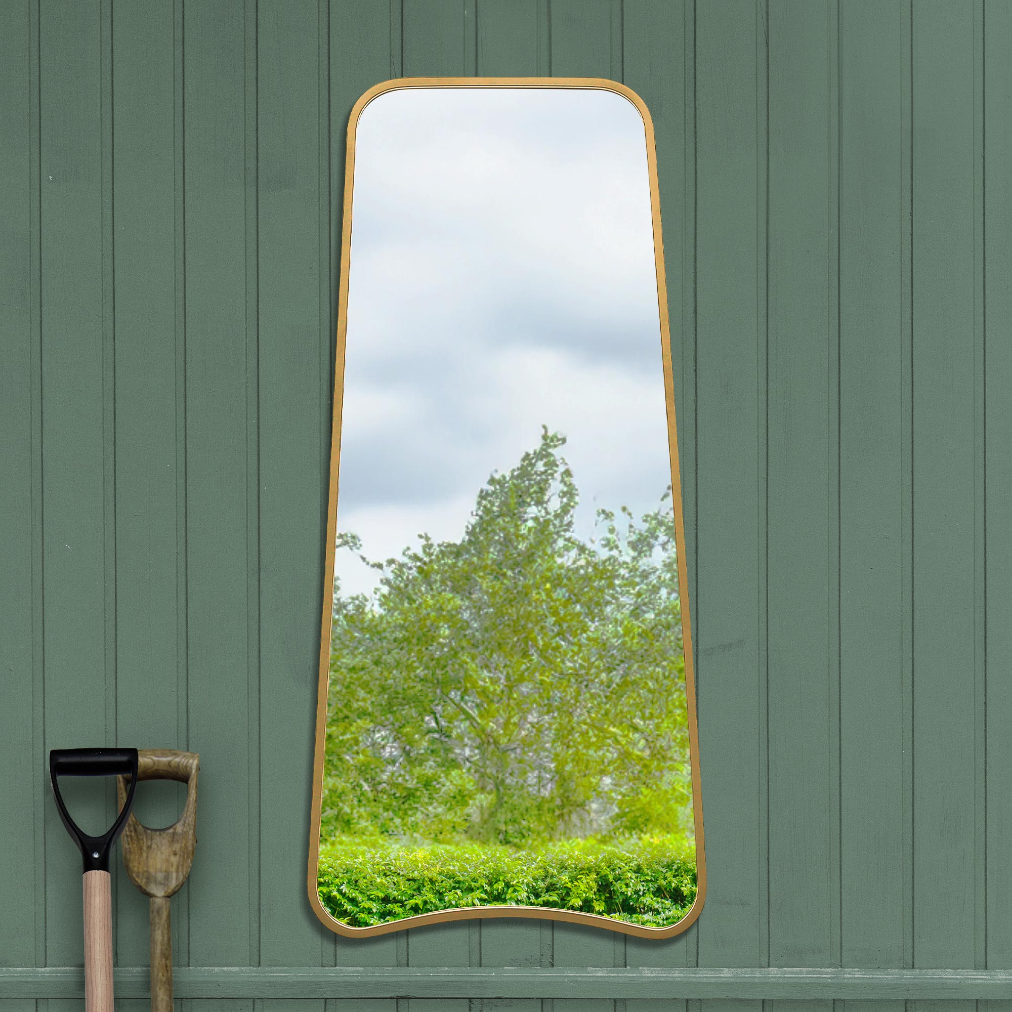 The Coartans - New Gold Metal Isoscelles Trapezoid Shape Framed Garden Wall Mirror with arched bottom. 48" X 23" (122CM X 58CM). (15010557657466)