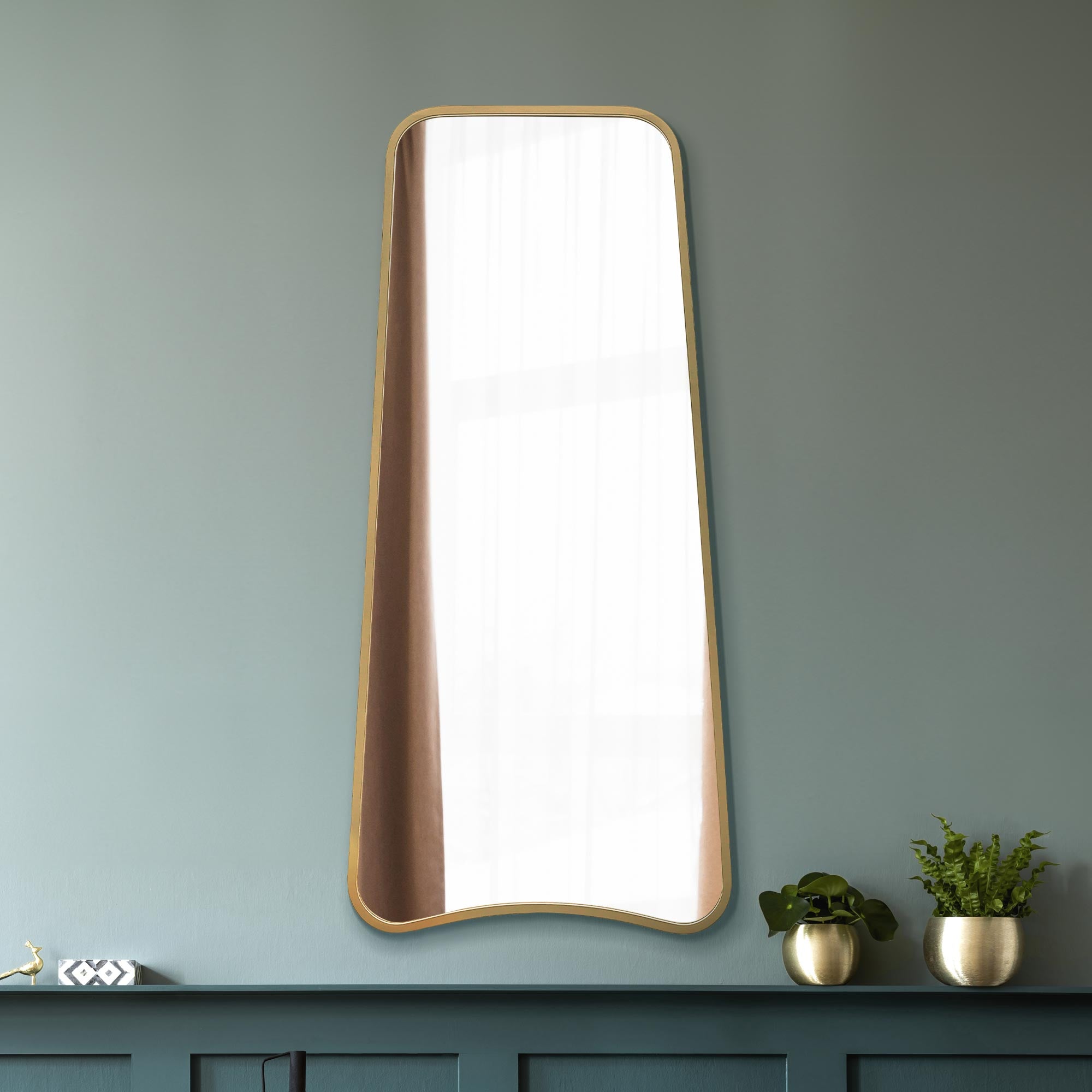 The Coartans - New Gold Metal Isoscelles Trapezoid Shape Framed Wall Mirror with arched bottom. 48" X 23" (122CM X 58CM). (15010557690234)