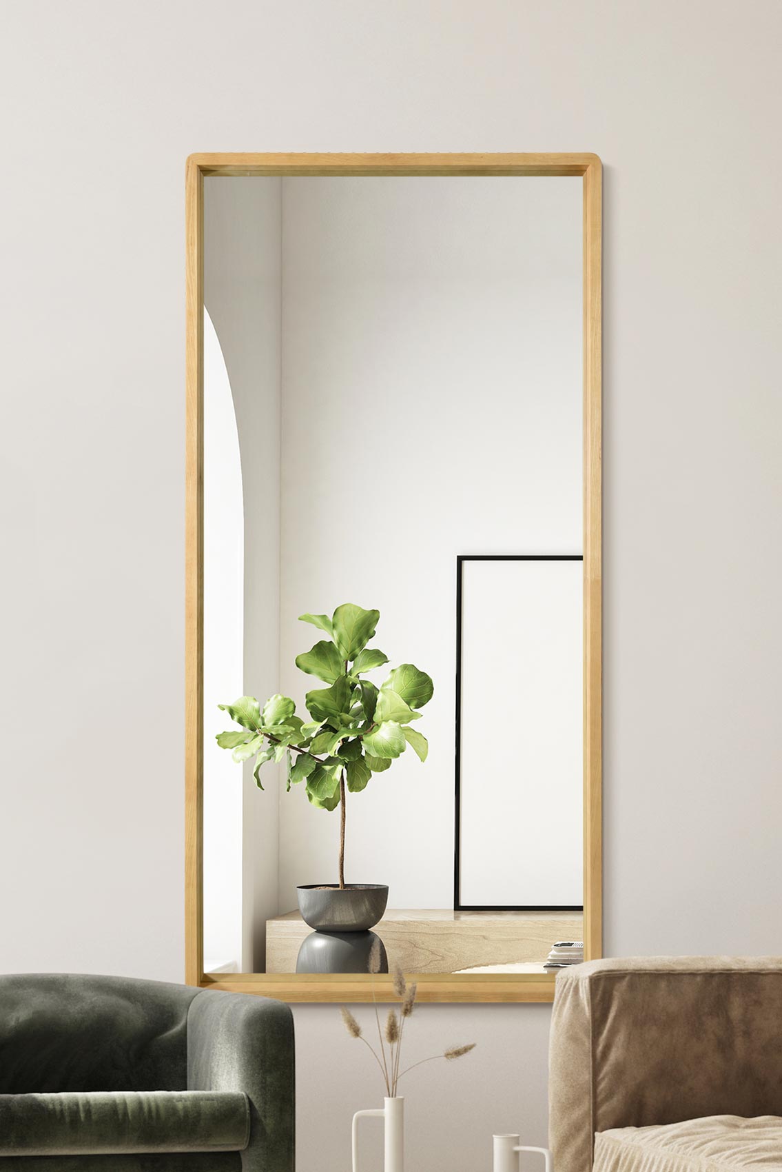The Tobias - Solid Oak Rounded Corner Leaner / Wall Mirror 67" X 33" (170CM X 85CM) Scandinavian 'Scandi' Inspired. (15010541994362)