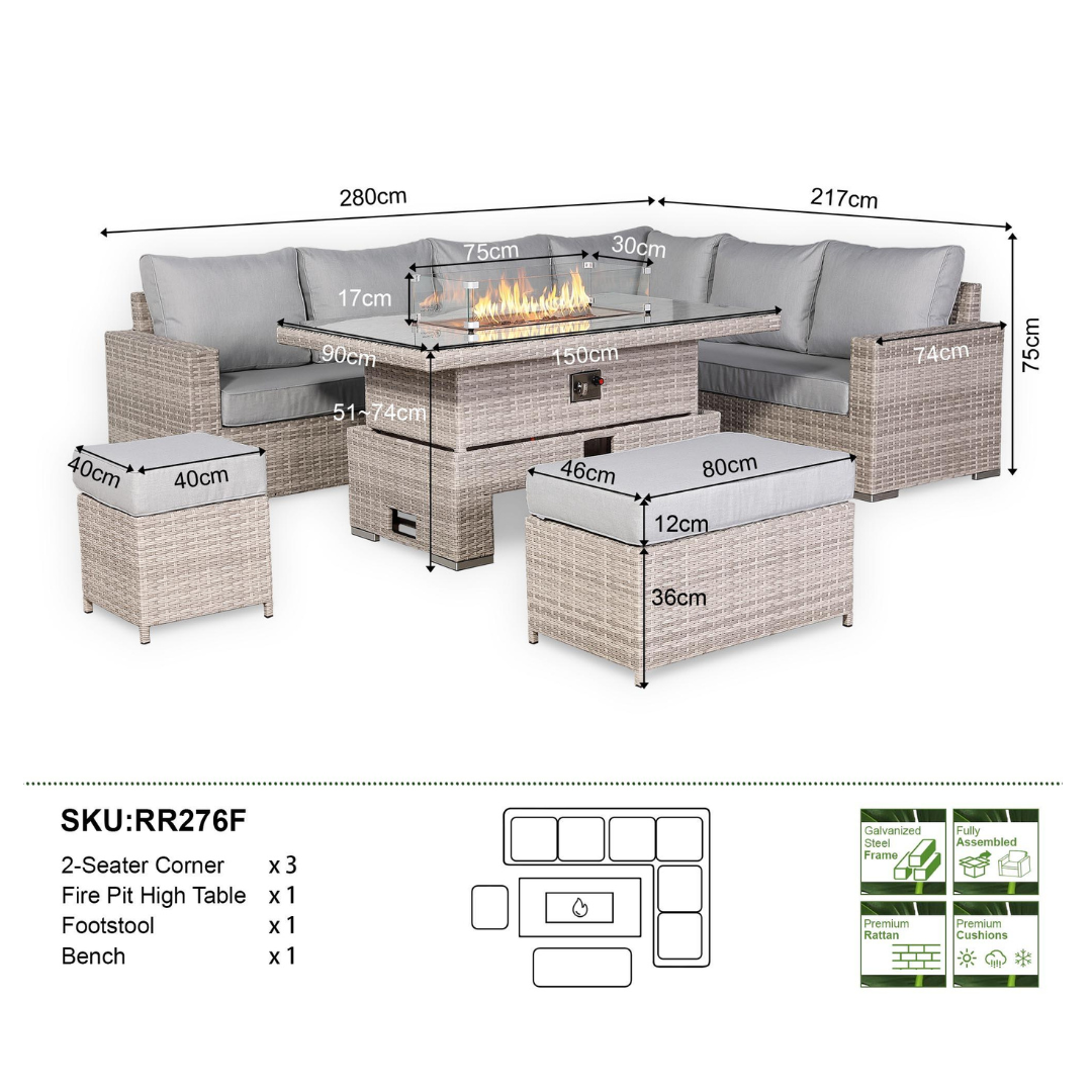 Santorini Corner Large Dining Set with Rising Firepit Table (Right Hand) - AMC Furniture