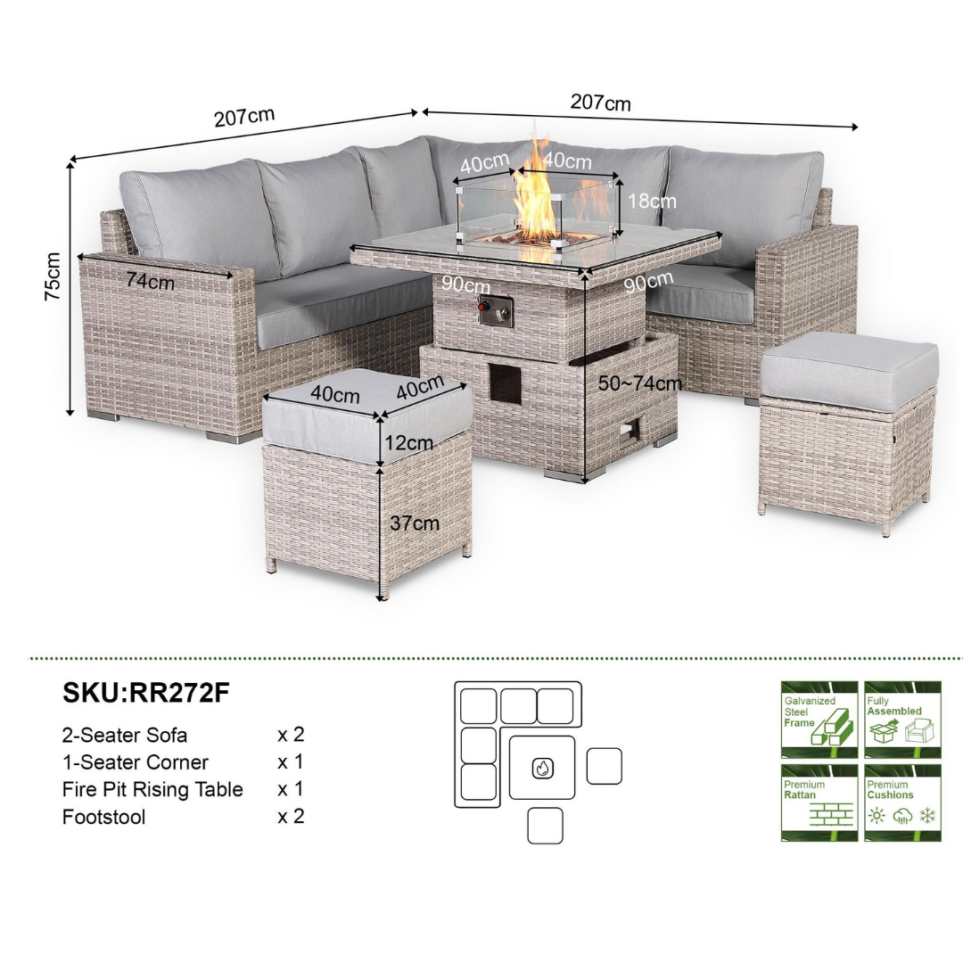 Santorini Square Dining Set with Rising Firepit Table - AMC Furniture
