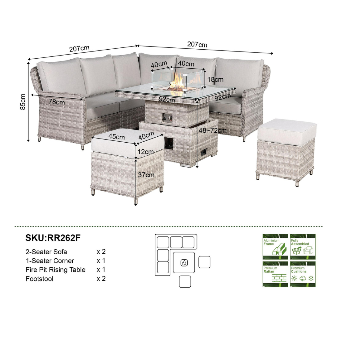 Palermo Square Dining Set with Rising Firepit Table - AMC Furniture