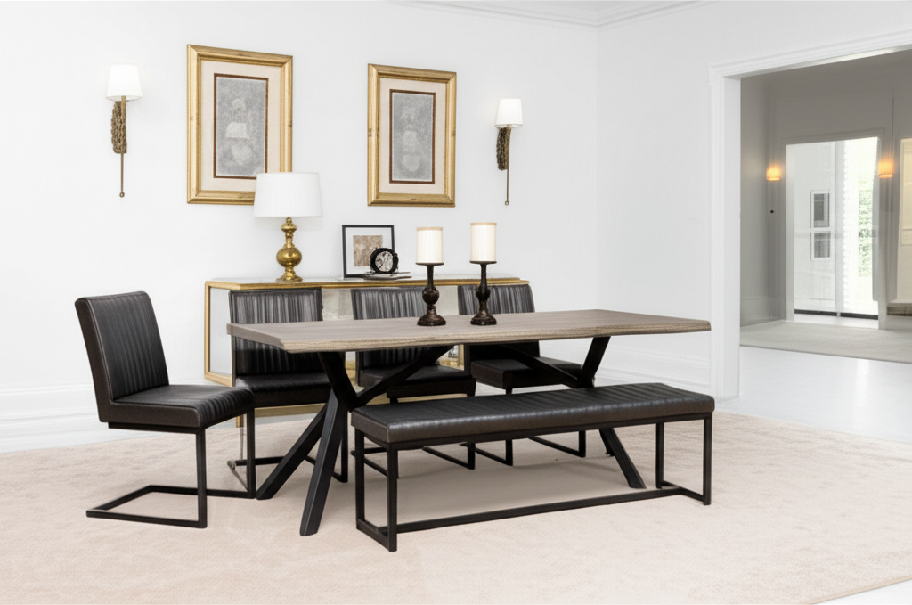 Vienna Natural Curved Dining Table with 2 Grey Buxton Chairs & Buxton Bench