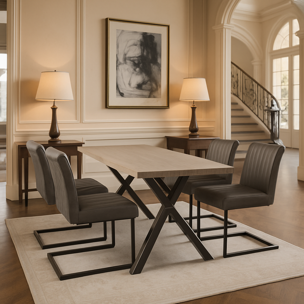 Vienna Natural Curved Dining Table with 4 Grey Buxton Chairs