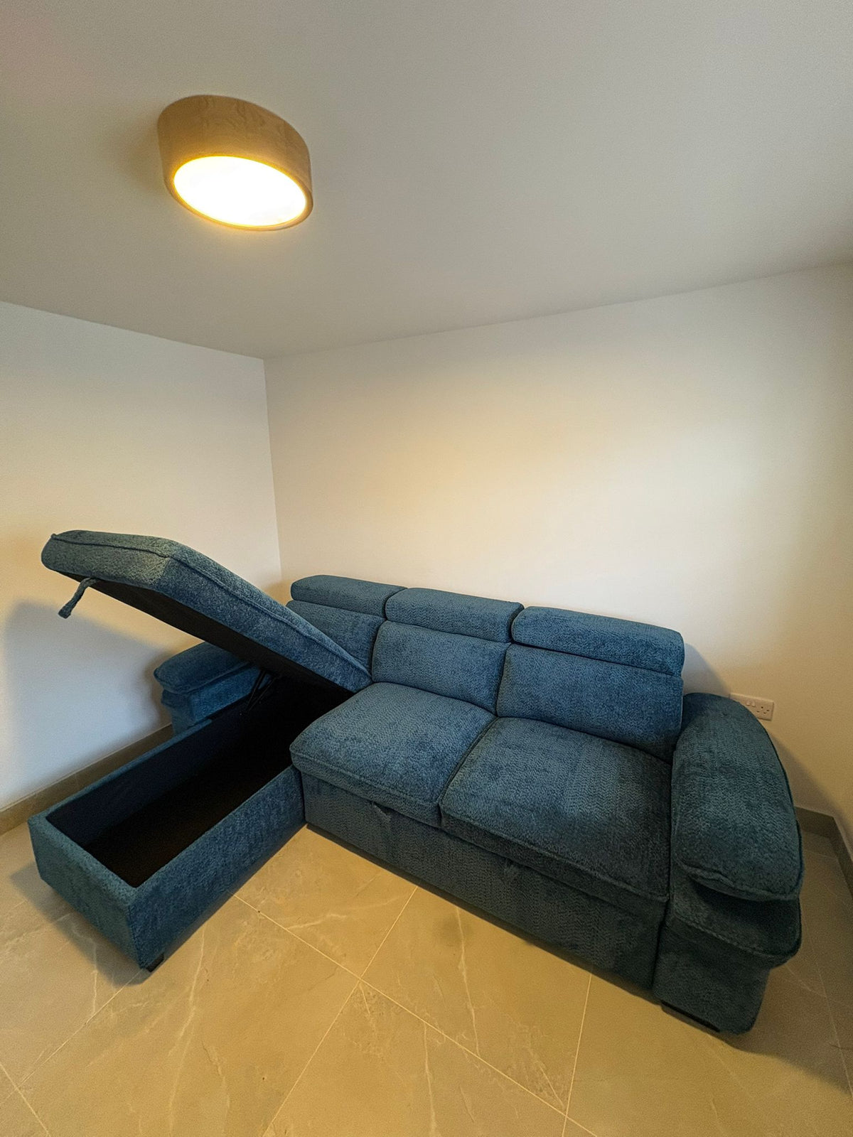 Billie U Shape Sofa Bed in Blue with Lift Up Storage
