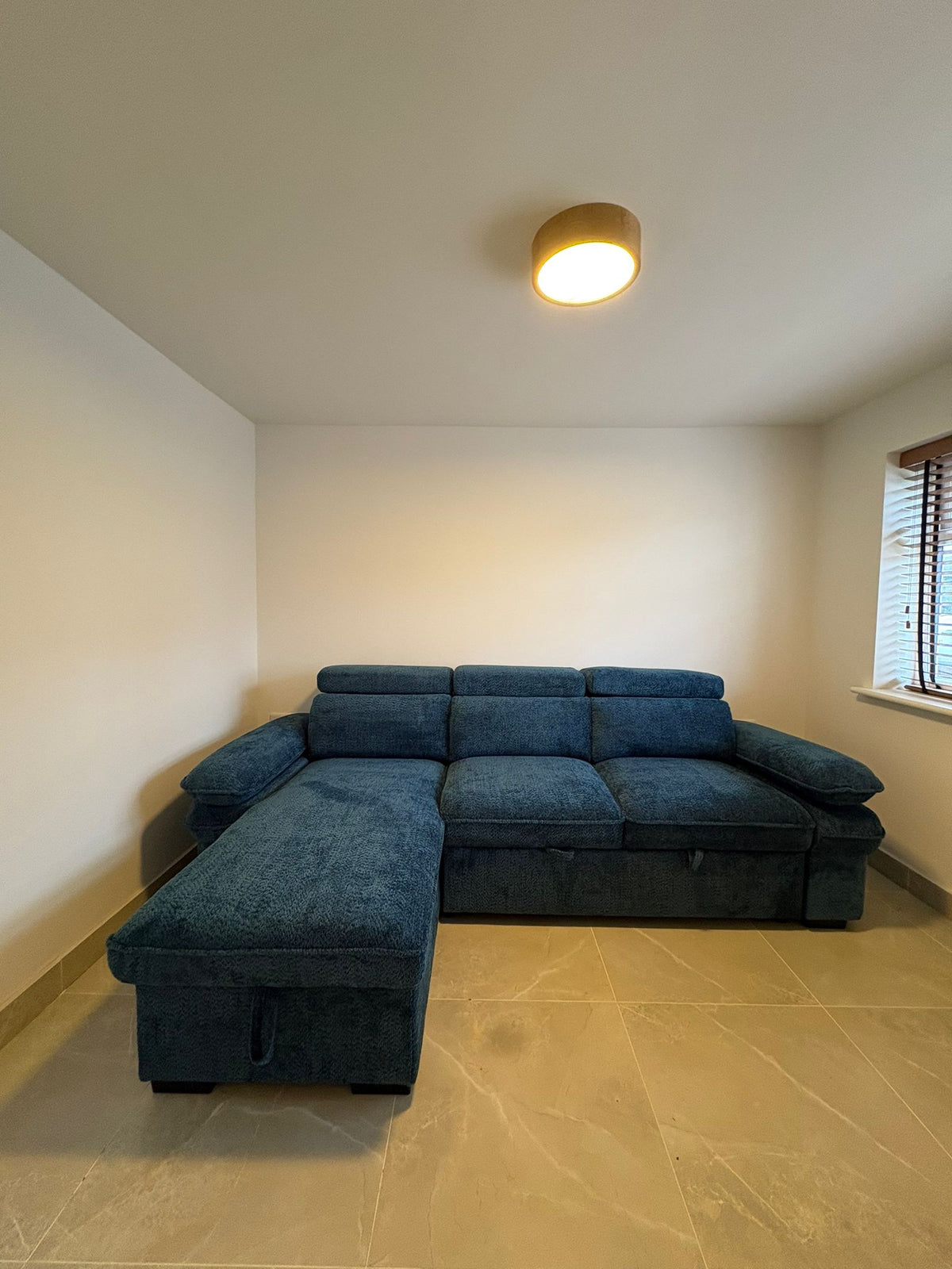 Billie U Shape Sofa Bed in Blue with Lift Up Storage