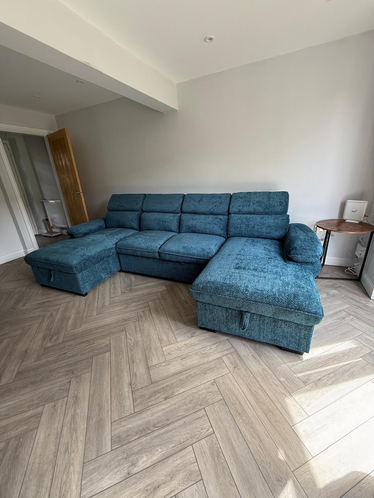 Billie U Shape Sofa Bed in Blue with Lift Up Storage