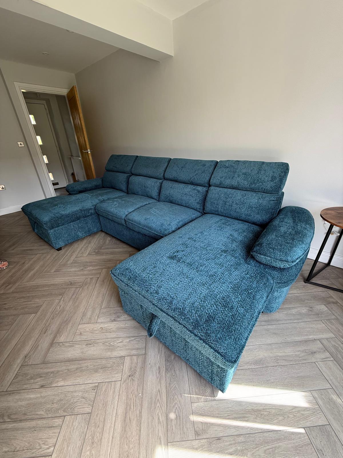 Billie U Shape Sofa Bed in Blue with Lift Up Storage