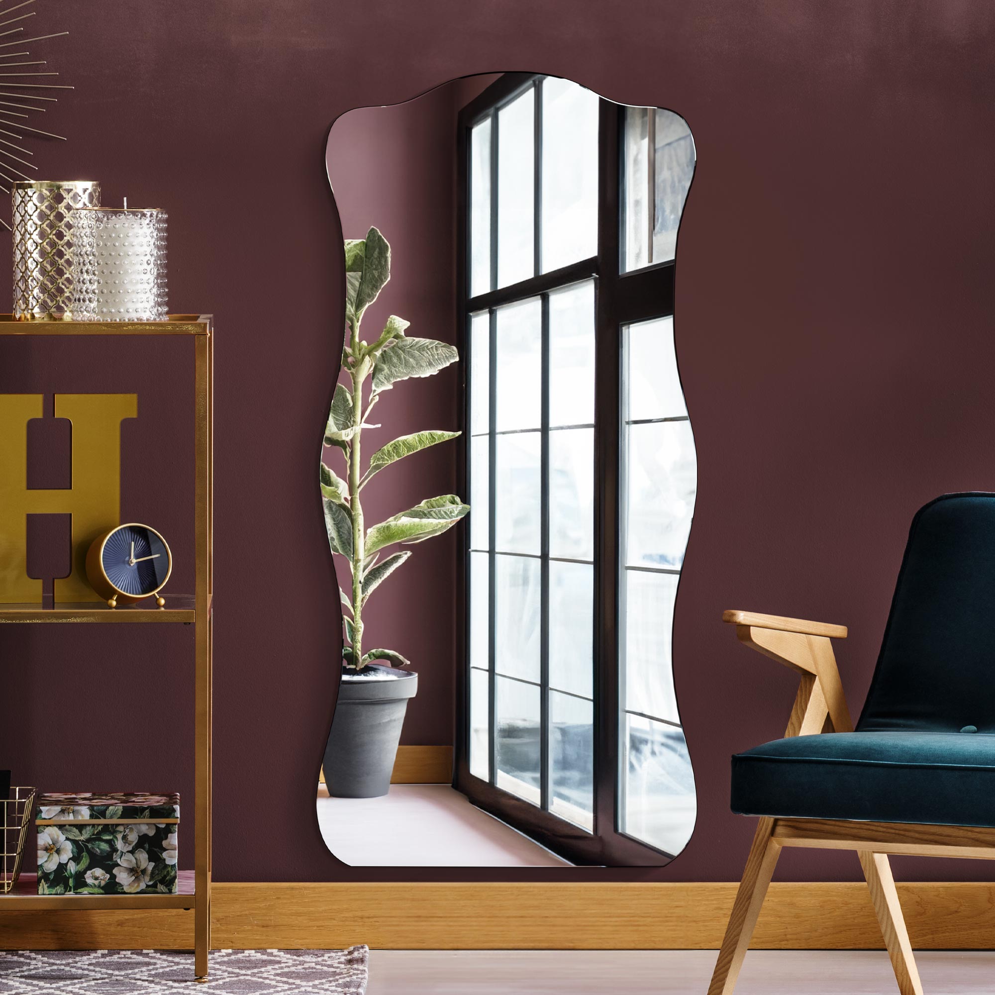 The Laniatus - Wavy Rippled Large Leaner wall Mirror on Black Backing 71" X 33" (180x85CM). Premium Glass Mirror with Polished Edges. (15010567913850)