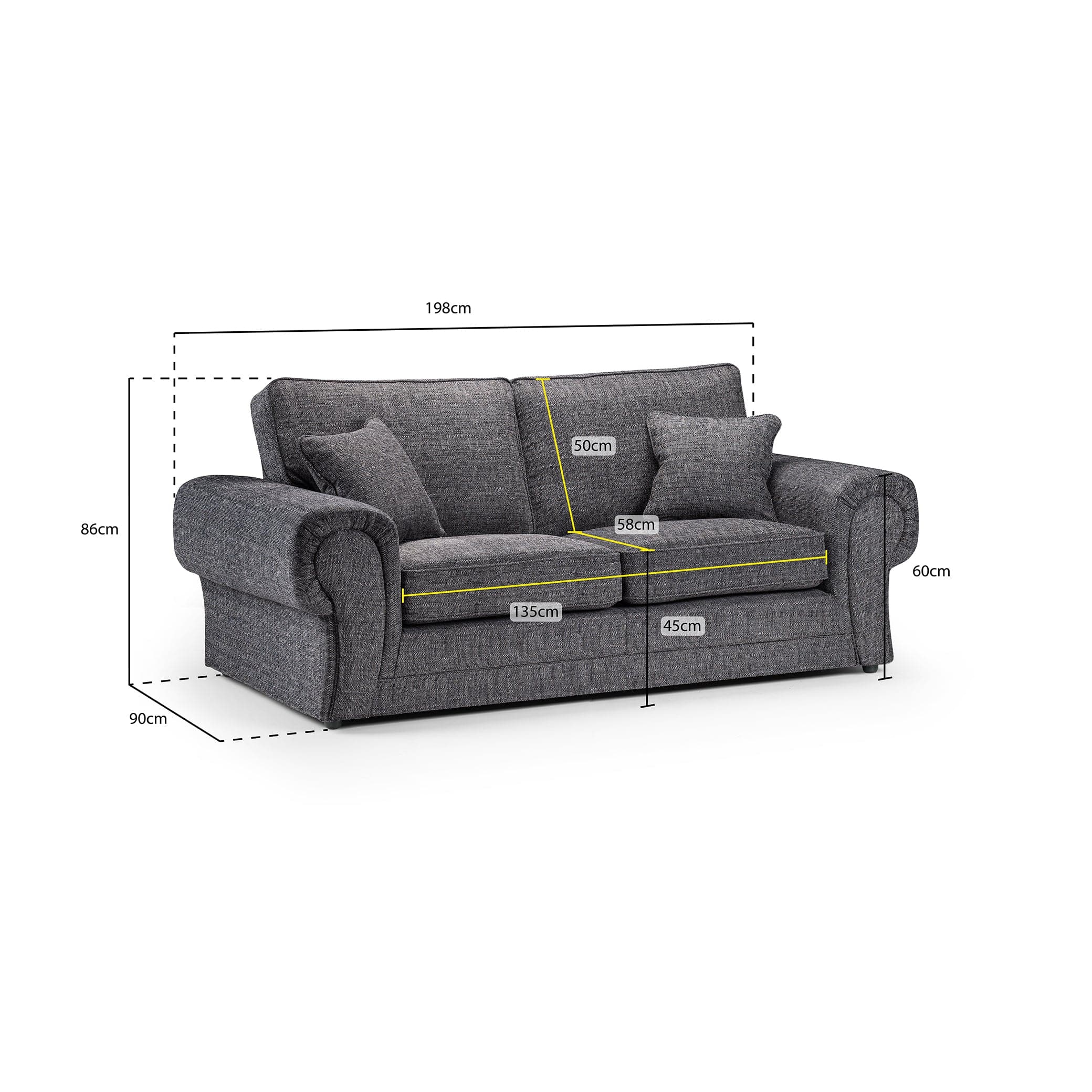 York Sofa Grey Three Seater - Measurement view (7026903810112)
