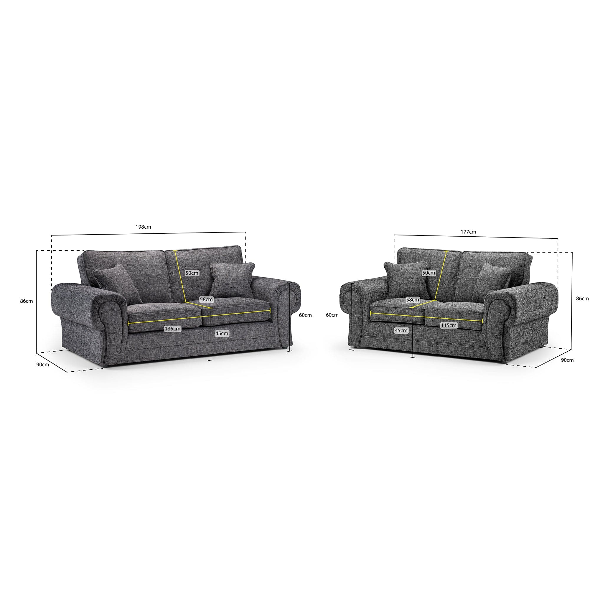 York Sofa Grey Three+Two Set - Measurement view (7026903646272)