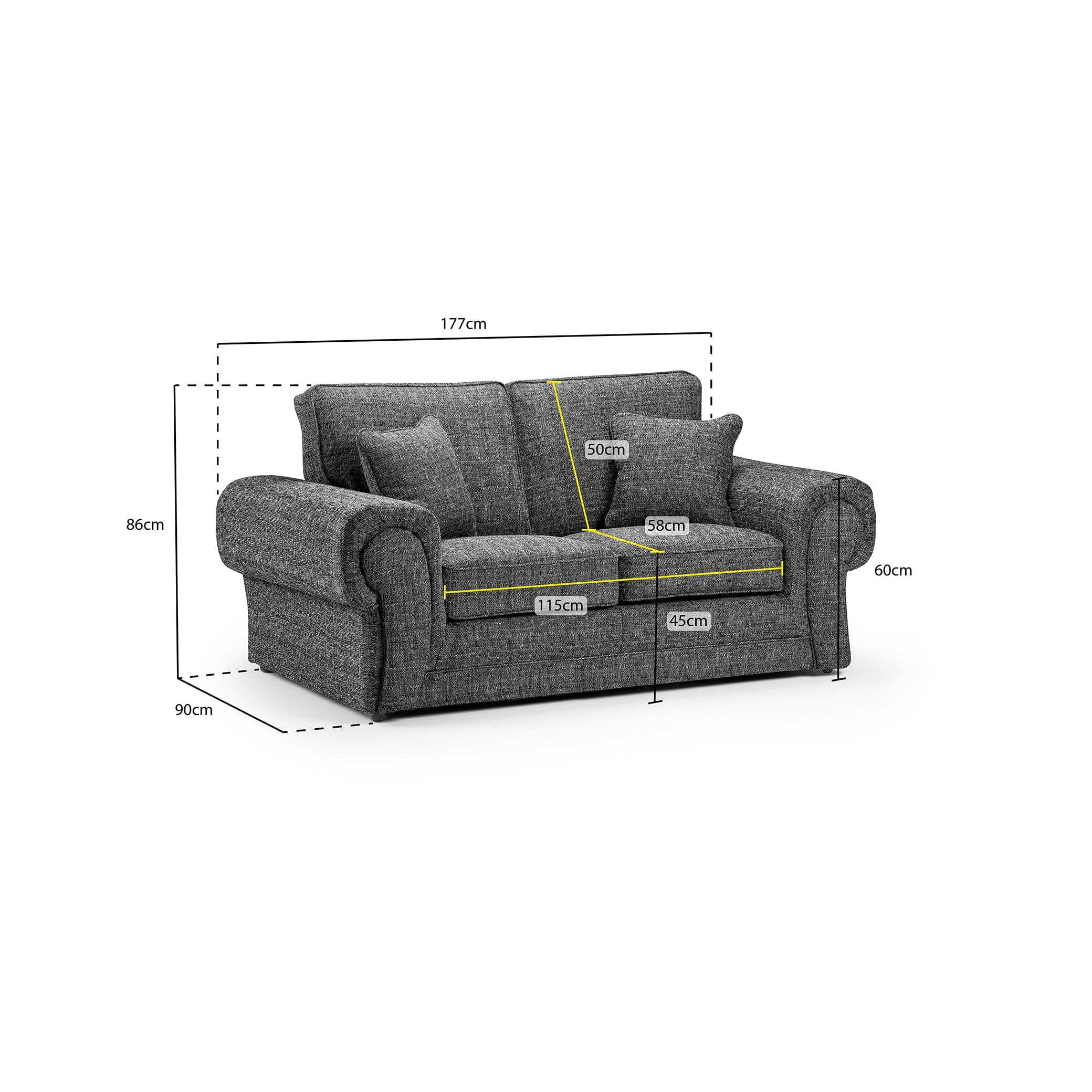 York Sofa Grey Two Seater - Measurement view (7026903973952)
